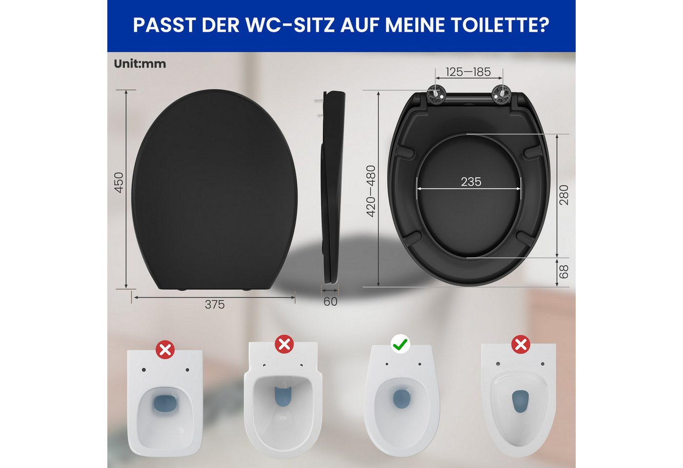 Thumbnail - DERW MAX WC-Sitz Toilettendeckel mit Absenkautomatik, Schwarz Duroplaste Toilettensitz, Schnellverschluss