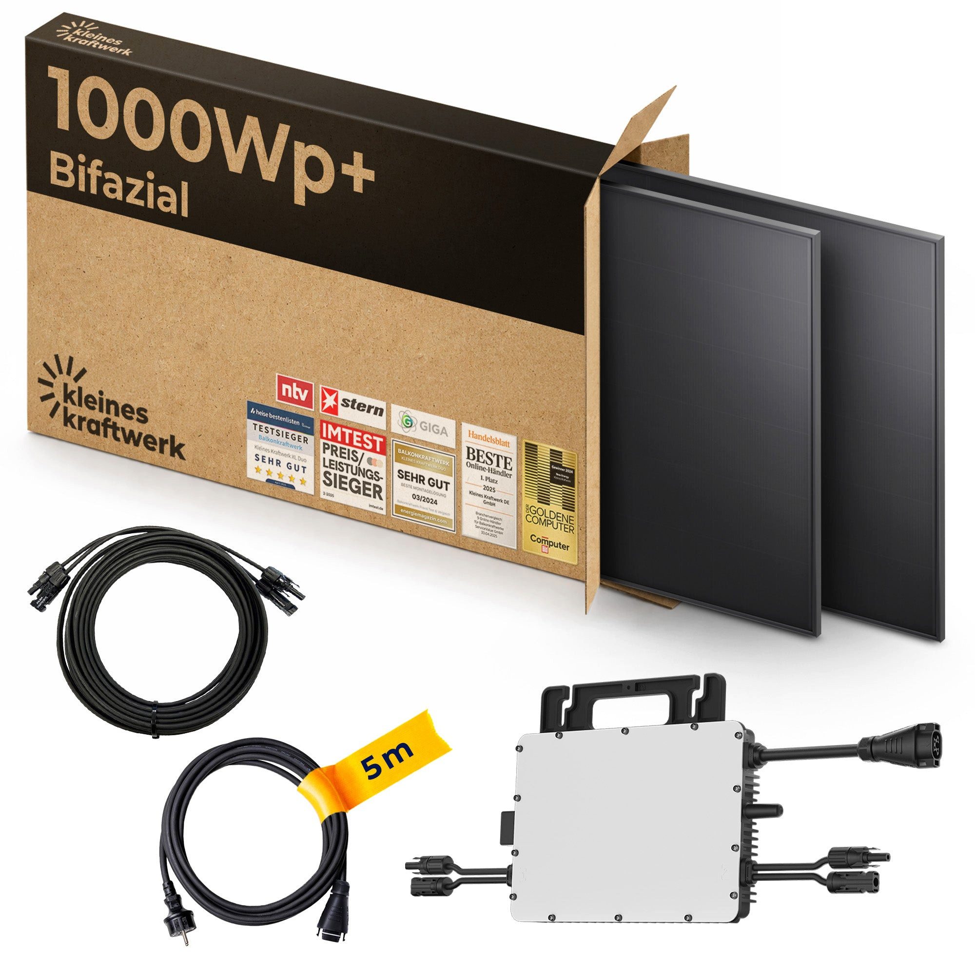 Kleines Kraftwerk Balkonkraftwerk, 1000 W, Monokristallin, (ohne Halterung), 2 x 500W, Wechselrichter, Stromanschlusskabel, Solarverlängerungskabel