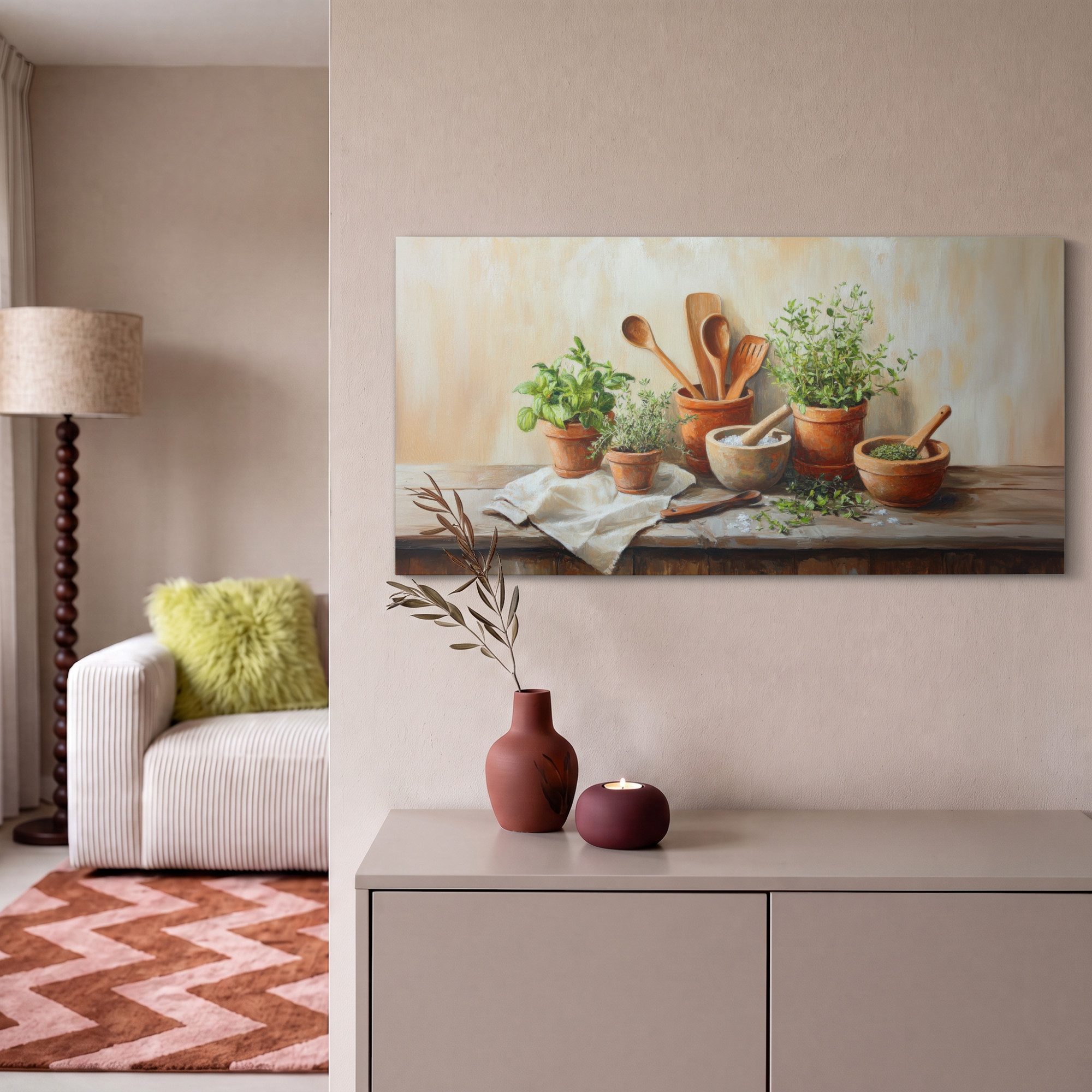 OneMillionCanvasses® Leinwandbild Panorama Töpfe - Kräuter - Holz, Fotodruck (1 St), Wandbild, Deko Schlafzimmer Wohnzimmer Flur 40x20 cm – Bild 2 von 5