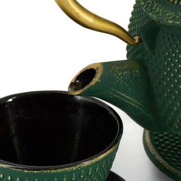 teayumi Teekanne ARARE Tetsubin Komplett-Set Gusseisenkanne 1200 ml Grüngold, 1.2 l, (Komplett-Set, 8-teilig), mit herausnehmbaren Edelstahlsieb, mit Henkel