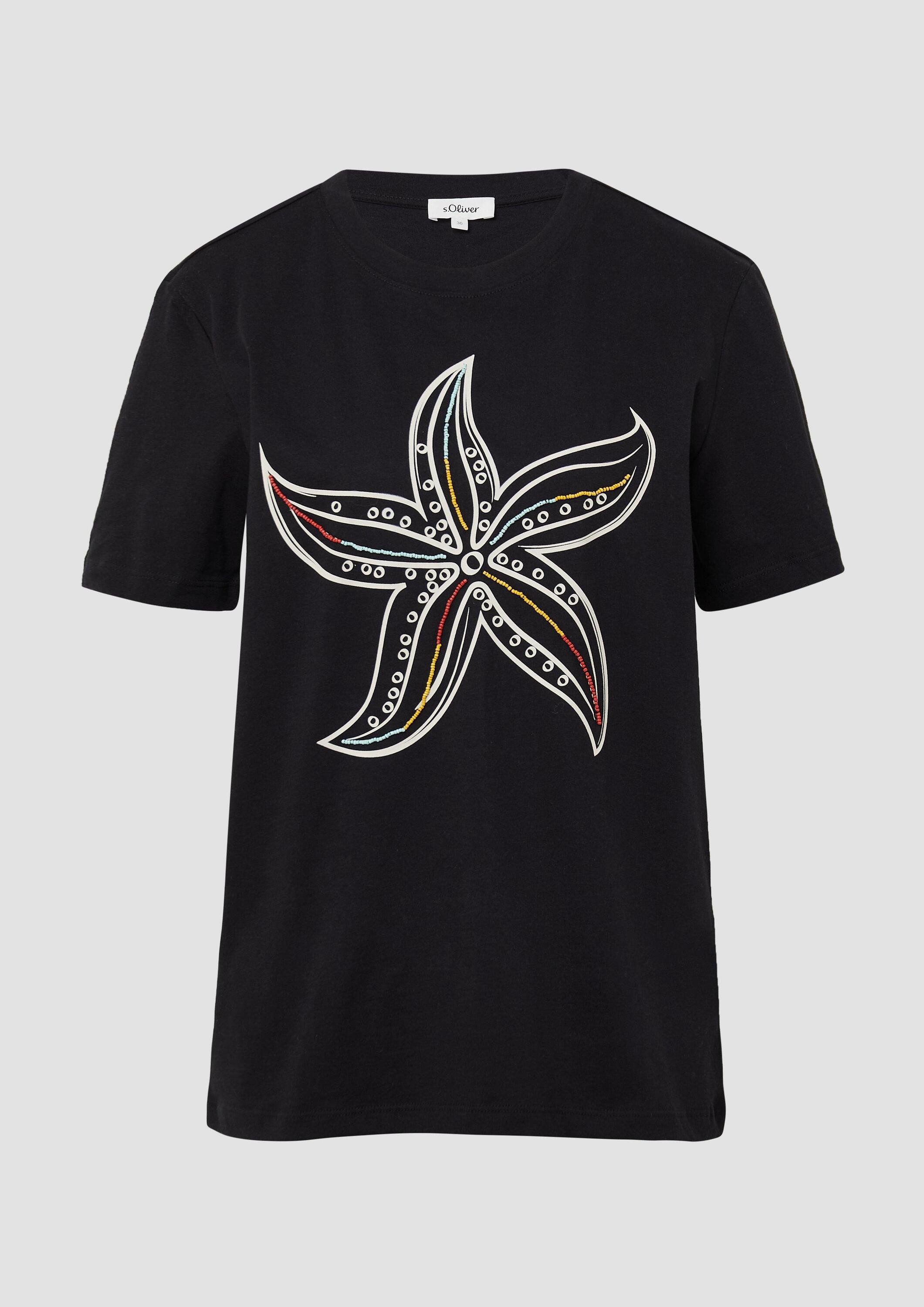 s.Oliver Kurzarmshirt T-Shirt Jersey-T-Shirt mit Frontprint und Schmuckperlen
