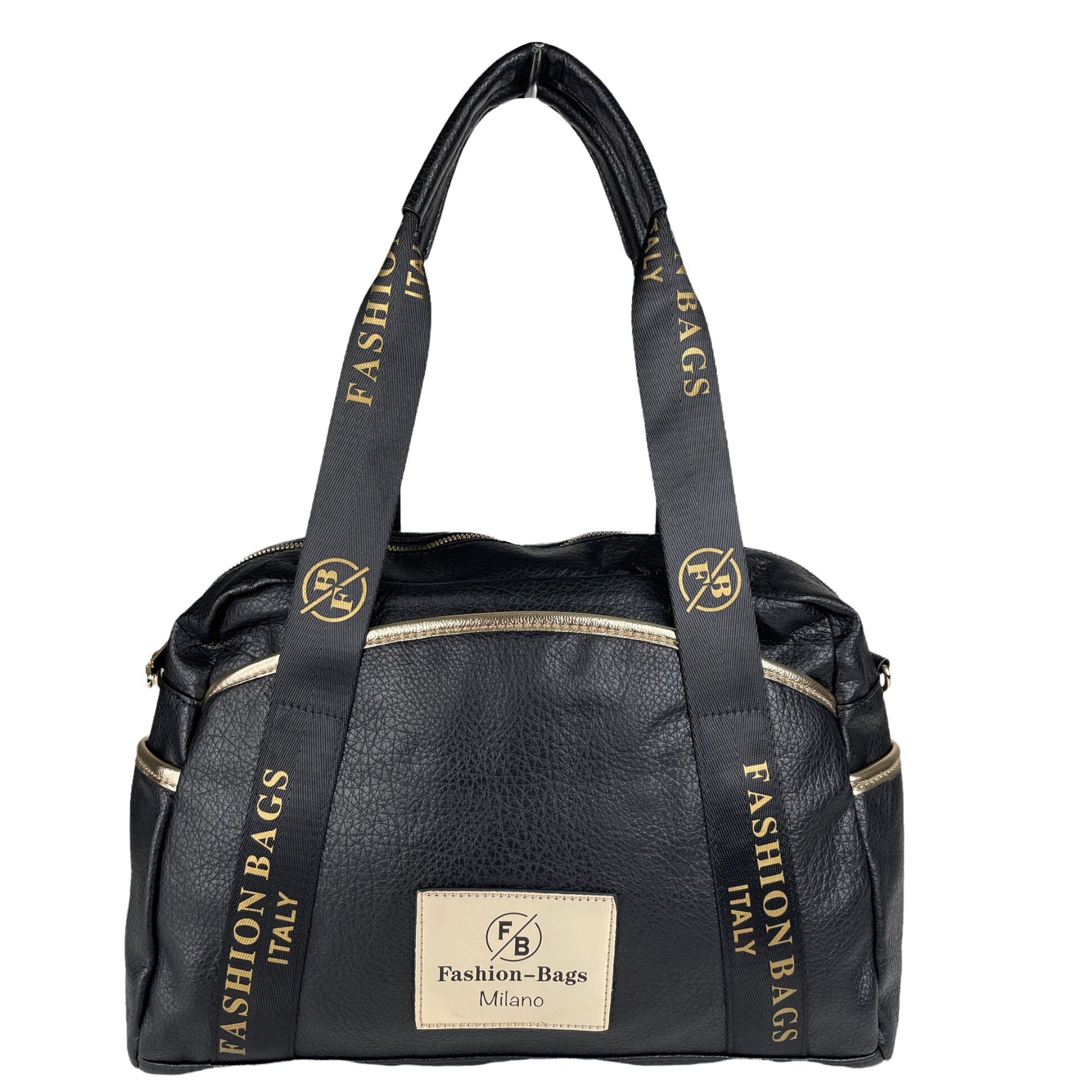 Taschen4life Handtasche moderne Damen Schultertasche T67629, Farbe schwarz  / gold // lange Tragehenkel, abnembarer Schulterriemen
