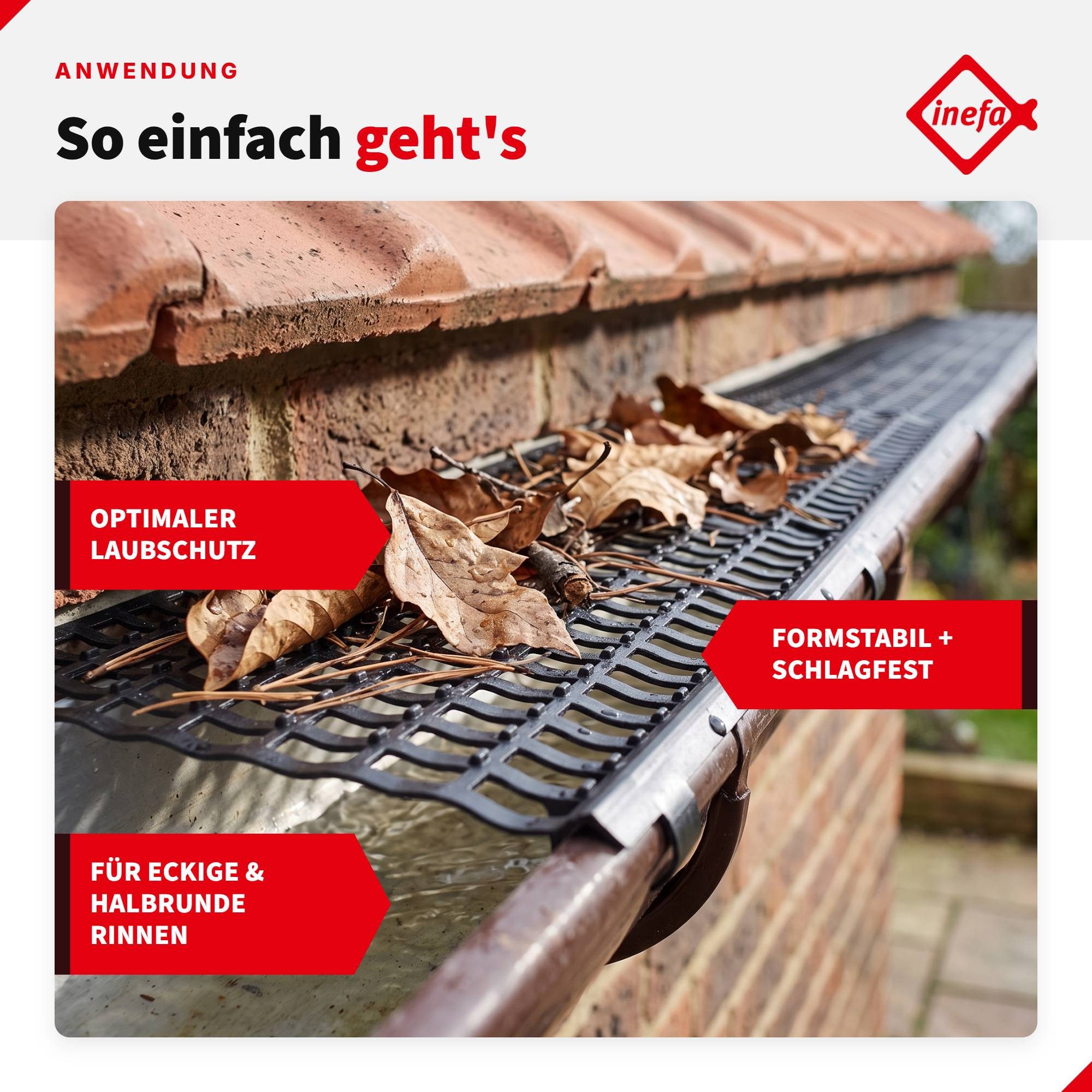 INEFA Dachrinne Laubfangstreifen Dachrinnen Laubschutz NW 100-150 (100-160mm), 100cm. 1 Stk., Dachrinnenschutz, Dachrinnenabdeckung Made in Germany – Bild 5 von 5