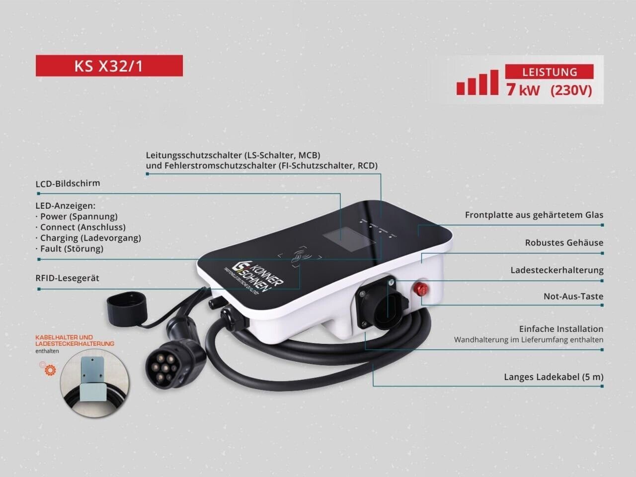 Könner & Söhnen Elektroauto-Ladestation KS X32/1, 1-St., Ausgangsleistung 7 kW, Typ 2, Nennstrom 32 A, Spannung 230 V