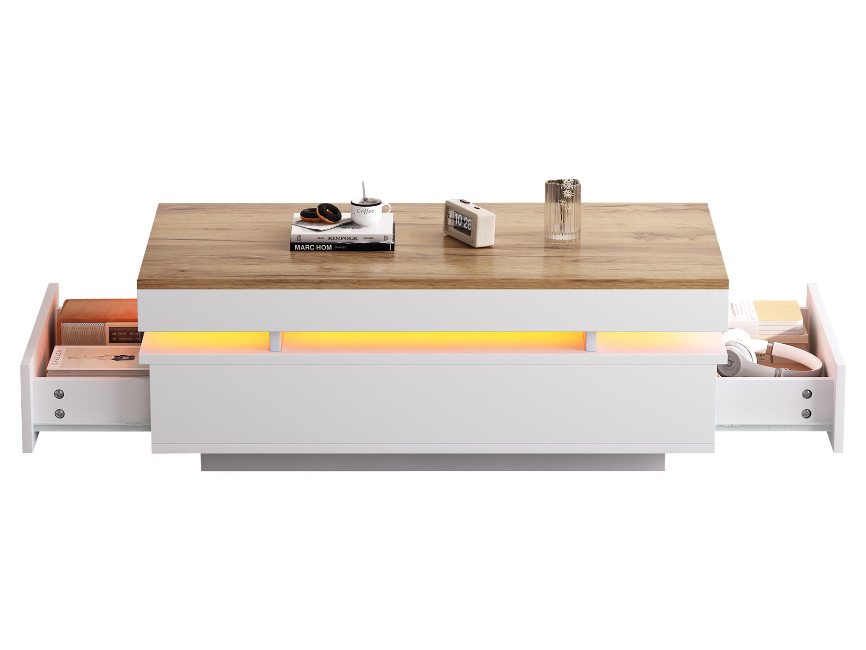 SeedWave Couchtisch Rechteckiger Sofatisch im Hochglanz mit LED-Beleuchtung, Stauraum, Bodenstehende Konstruktion