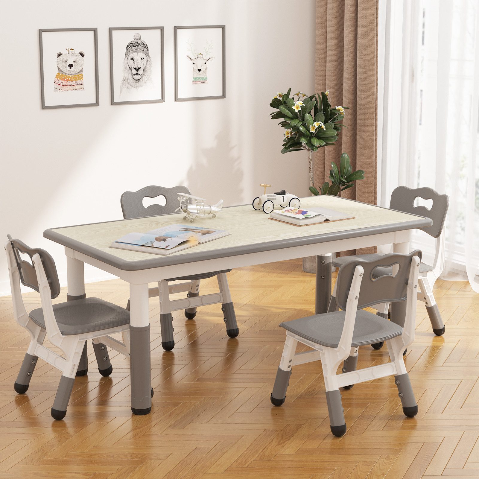 GarveeMore Essgruppe Kinder Tisch mit 4 Stühlen für Spielen & Essen, höhenverstellbar, mit beschreibbarer Tischplatte, abgerundete Kanten