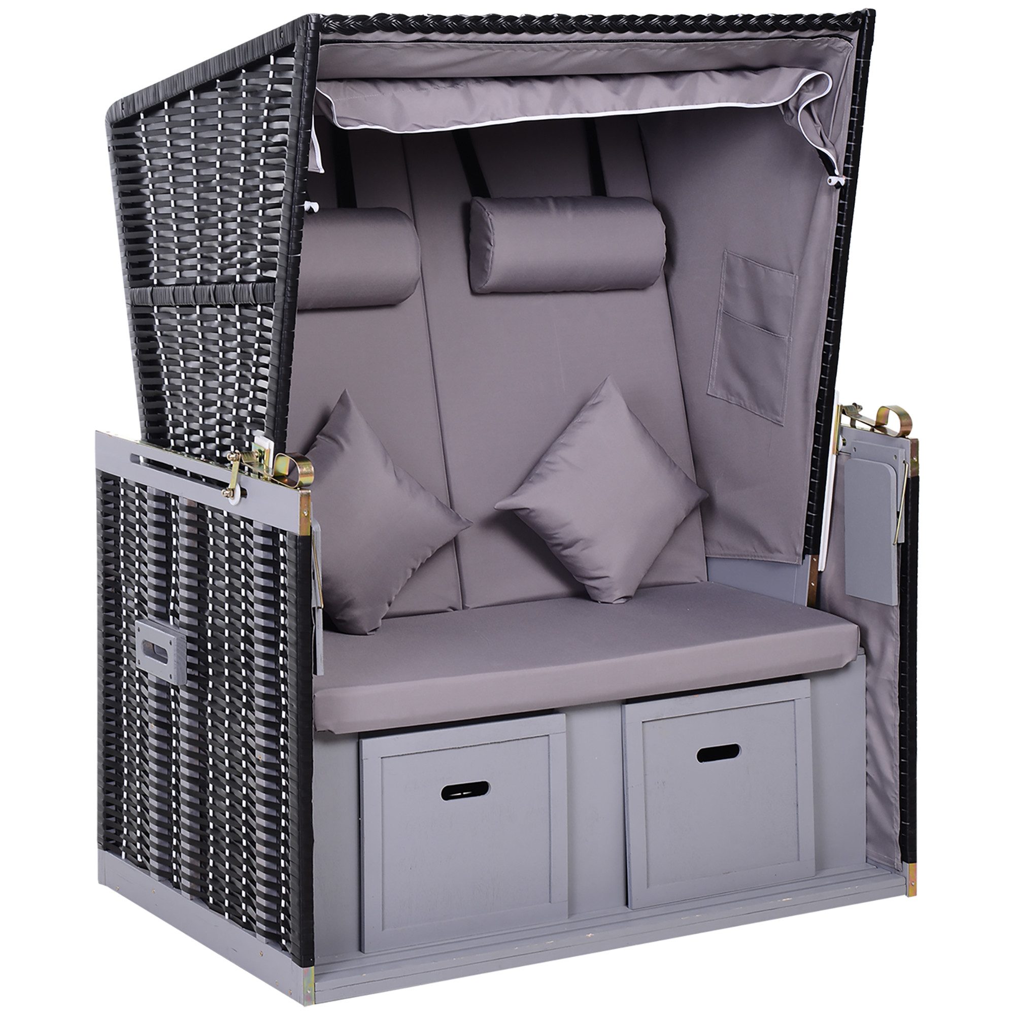 CHICFURN Strandkorb Ostsee Volllieger 2-Sitzer aus Tannenholz mit PE-Geflecht, BxTxH: 118x79x160 cm, (Packung, 5-fach verstellbare Rückenlehne mit Fußbänkchen und Seitentischen), Grau, 118 x 79 x 160cm