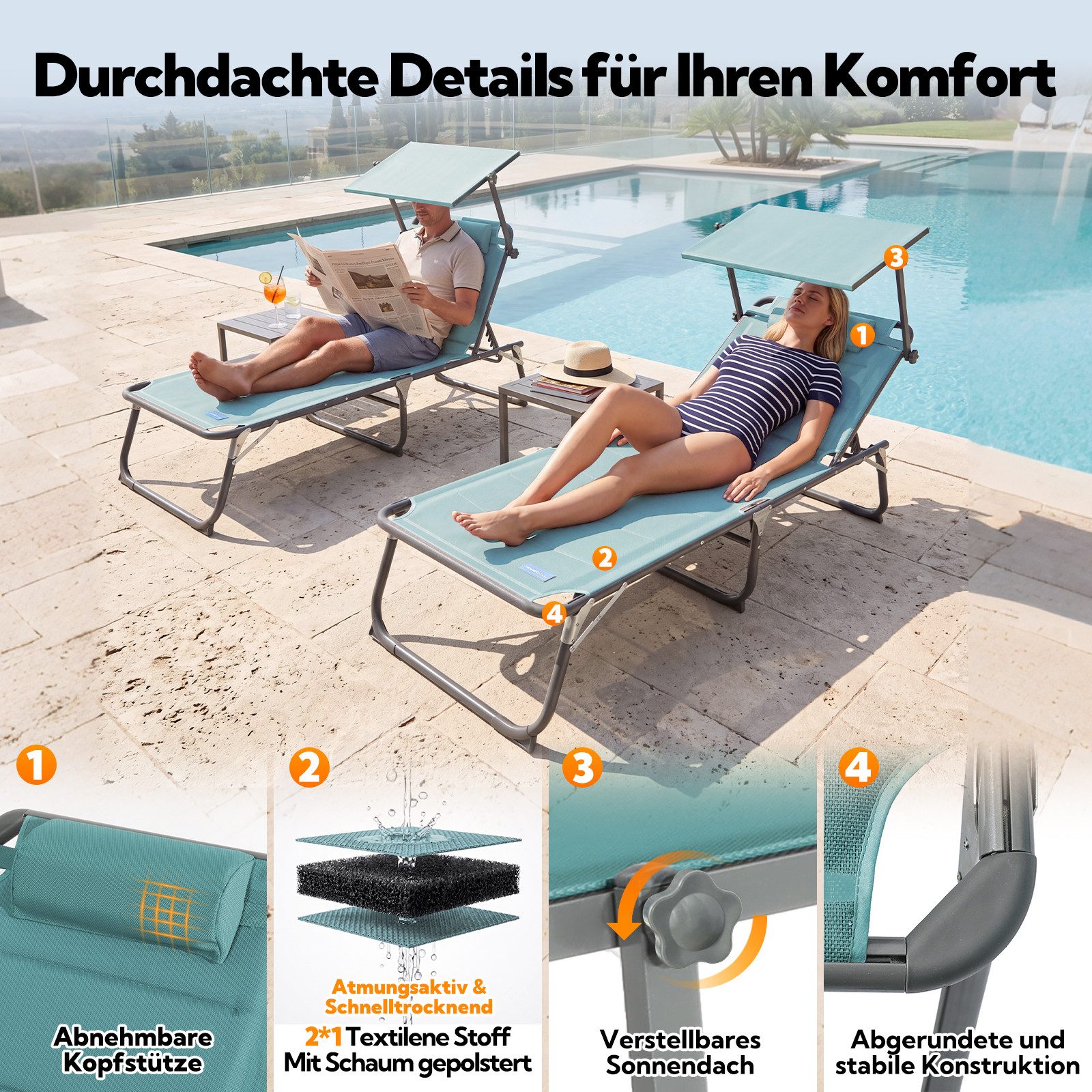 HOMECALL Gartenliege Sonnenliege AluLiege Liegestuhl Strandliege Liegen wetterfest, klappbar, Textilene Mit Dickemschnelltrocknende Schaumstoffpolsterung, Verst – Bild 5 von 5