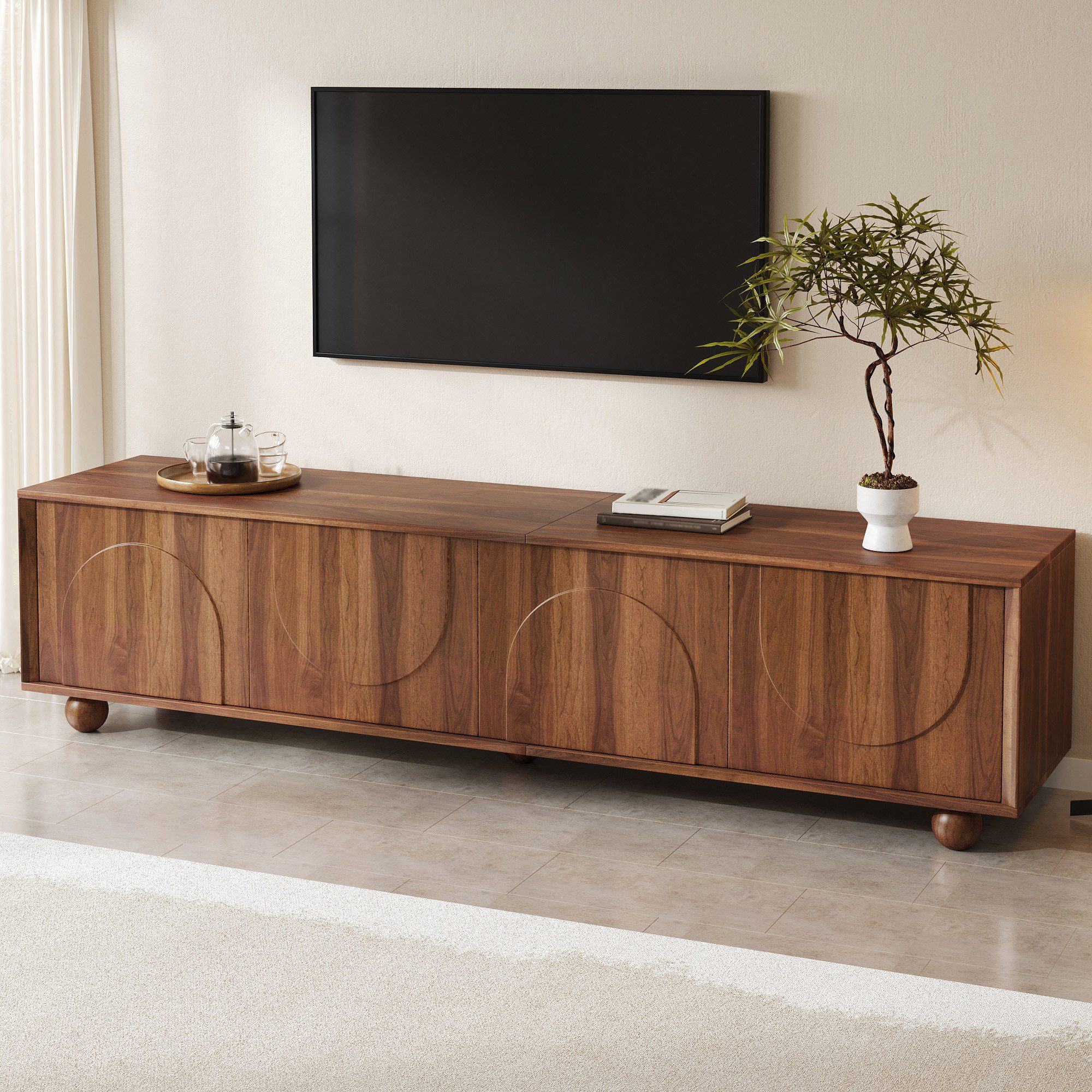 BlingBin TV-Schrank Lowboard TV-Ständer Fernsehkommode mit 4 Türen und Halbkreisrelief (1 Packung, 1-St., Push-to-Open-Türen,kugelförmigen Füßen,Kabeldurchlässe,Nussbaum) Moderner Fernsehschrank mit Stauraum für Wohnzimmer, Schlafzimmer