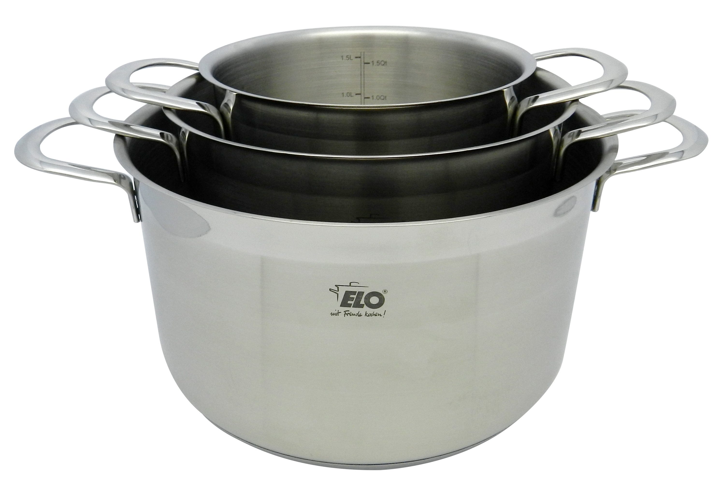 Elo Topf-Set Top Collection, Edelstahl 18/10 (Set, 9-tlg., je 1 Fleischtopf 16/20/24 cm, Bratentopf 20 cm, Stielkasserolle 16 cm), Induktion