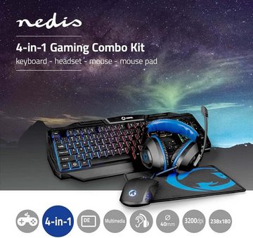 Nedis Gaming-Combo-Kit - 4-in-1 - 5 V 0.5 A - Rechtshändig Tastatur- und Maus-Set, RGB-Beleuchtung für immersive Gaming-Atmosphäre.