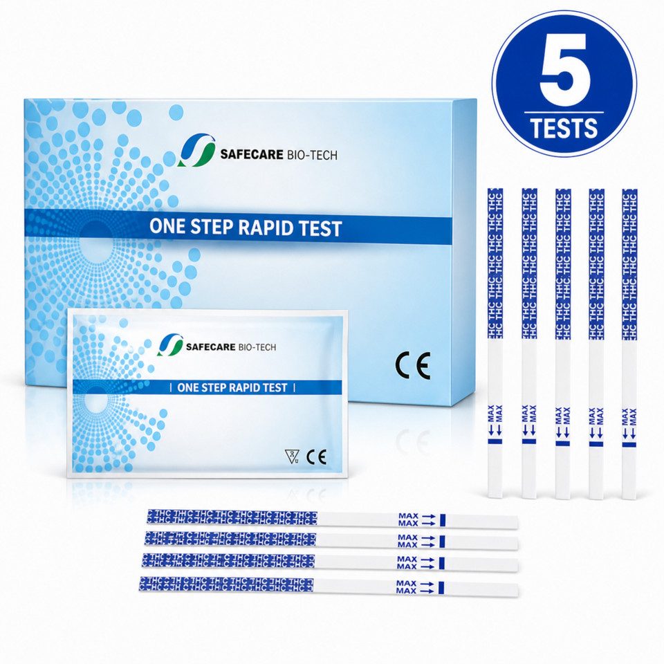 Safecare Bio-Tech Drogen-Schnelltest 5 Cannabis THC Schnelltest Selbsttest Drogentest Marijuana Urin, 1 Messparameter, Urintest, 5-tlg., THC-Schnelltest, Selbsttest, Multifunktionalität, Schnelle Ergebnisanzeige