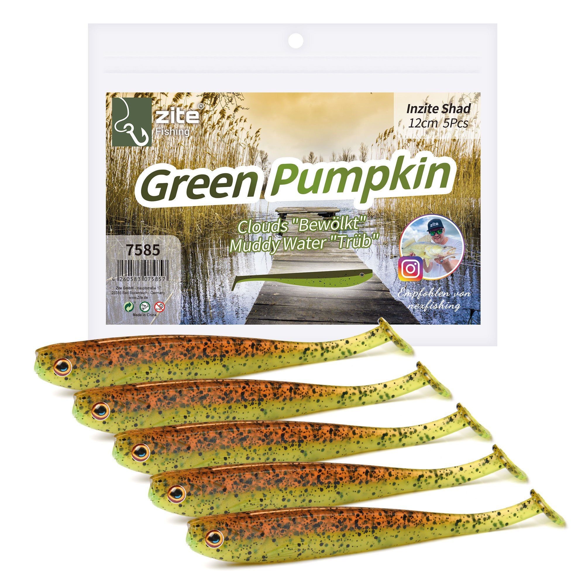 Kunstköder Inzite Shad Gummiköder 12 cm Softbait Green Pumpkin UV-Aktiv 5 Stück