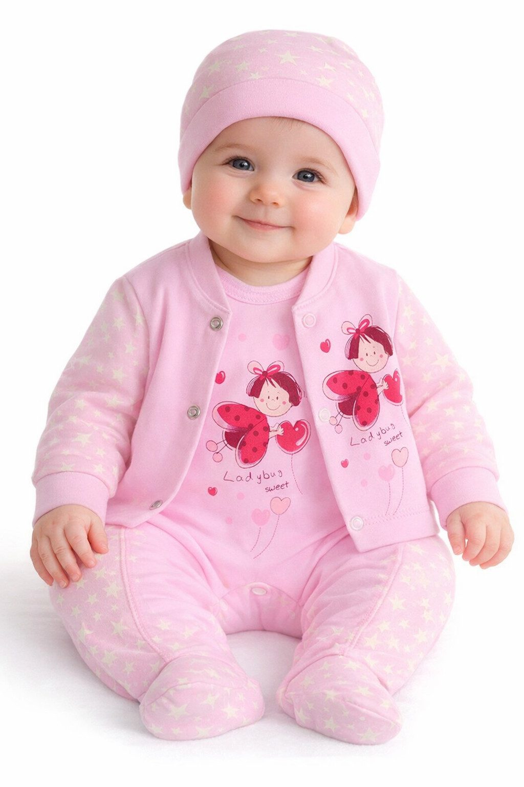 La Bortini Strampler Baby Anzug Stramplerhose Mütze und Hemdchen Erstlingsset in Rosa (Anzug für Mädchen, 3-teilig) aus reiner Baumwolle, mit Sternchen und Marienkäfer 44 50 56 62 68