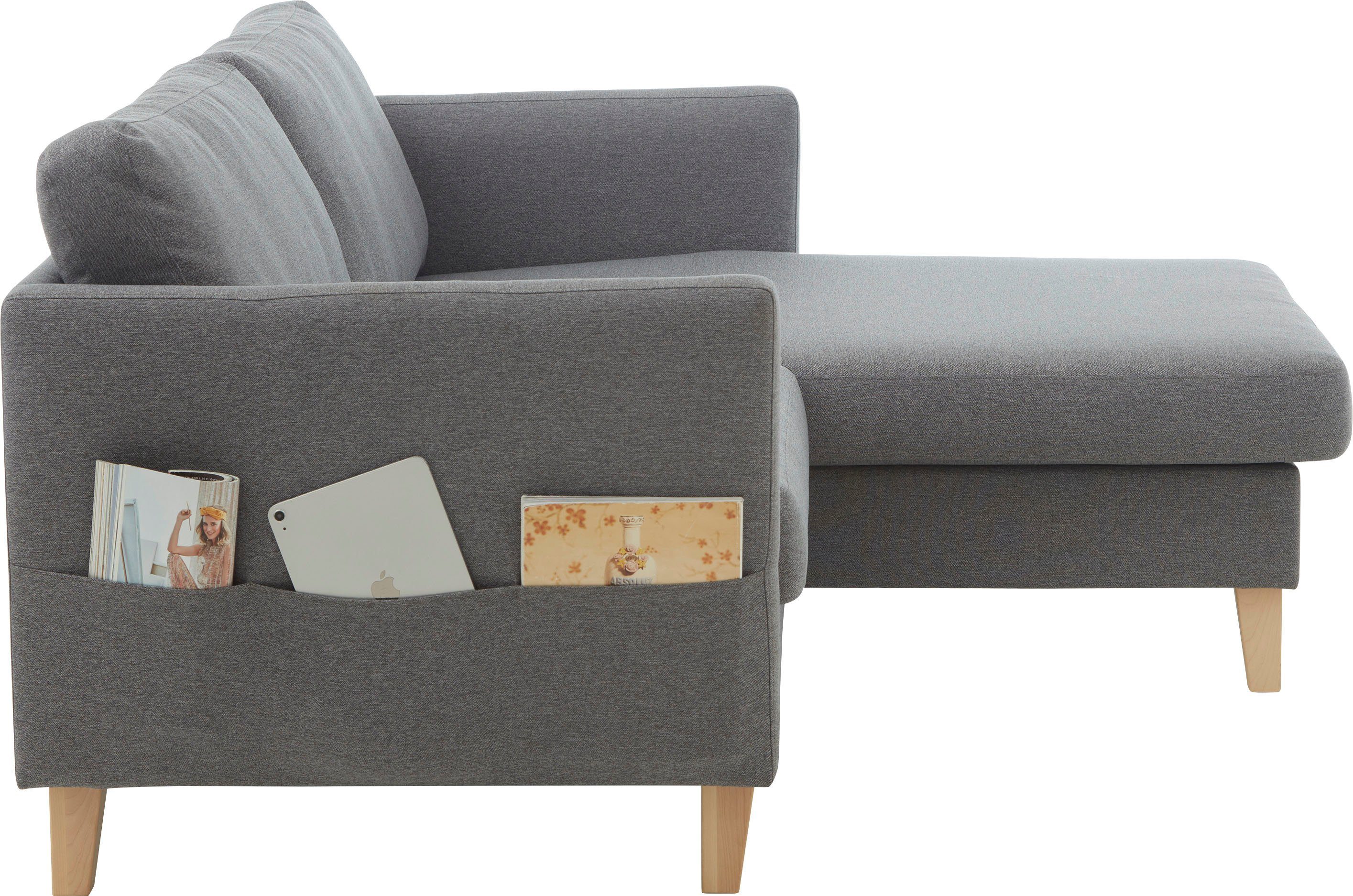 Ecksofa ATLANTIC home grau Recamiere collection Seitentaschen, mit montierbar, Mailo, Massivholzfüße beidseitig