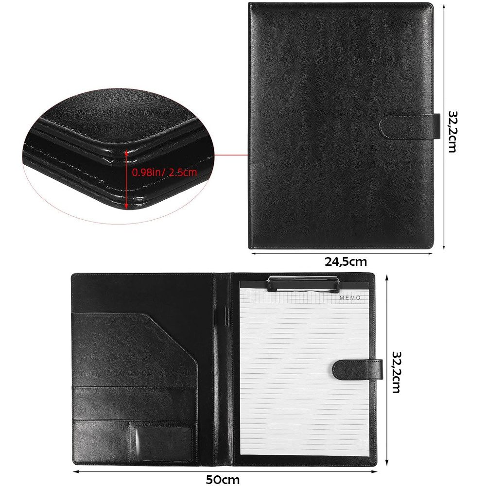 TUWENA Konferenzmappe A4 Klemmbrettmappe,PU Dokumententasche Klemmbrett Schreibmappe Schwarz, Notizzettel und Quittungen Bmappe Magnetverschluss für Büro und Schule