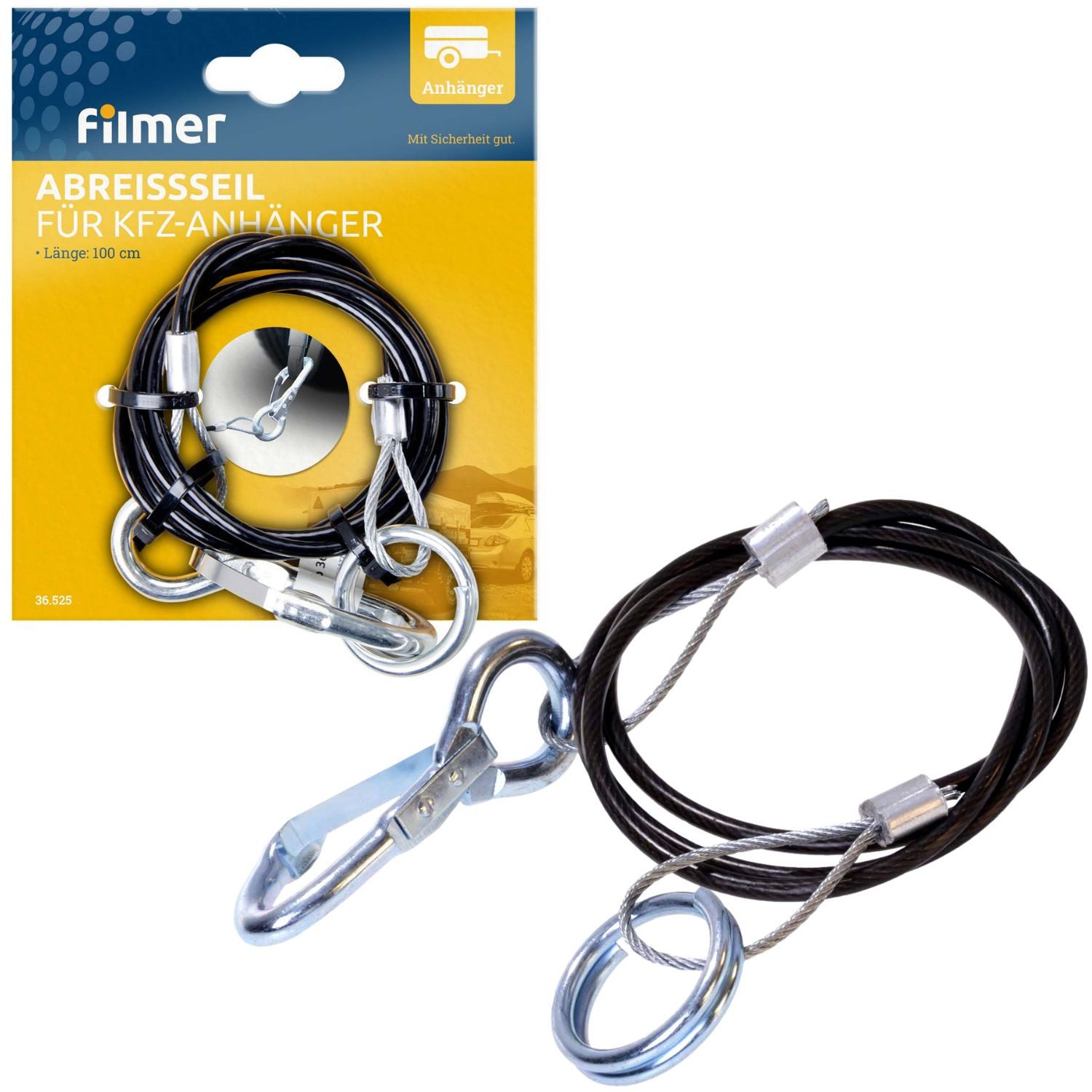 Diedrich Filmer GmbH Anhängerkupplung Anhänger Abreißseil 1m Ring Sicherungsseil Schwarz (Set, 1-St., 1x Stahlseil mit Ring und Karabiner), Bremsseil Fangseil Abreisseil KFZ Karabiner Hänger Anhängerkupplung