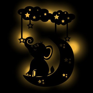 Namofactur LED Nachtlicht Elefant auf Wolke im Sternenhimmel - Schlaflicht mit Elefanten Motiv, Ohne Zugschalter, LED fest integriert, Warmweiß, Wanddekoobjekt Kinderzimmer Leuchte batteriebetrieben