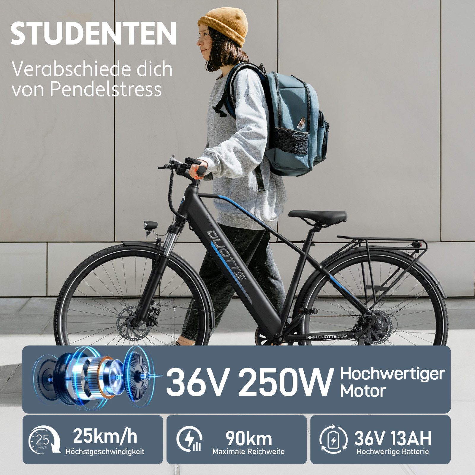 DUOTTS E-Bike Cityrad Elektrofahrrad E-MBT Damen u. Herren 468Wh 250W Motor 90km, 7 Gang SHIMANO, Kettenschaltung, Heckmotor, 468 Wh, 250 W motor, 90 km Akku Pedelec, Elektrofahrrad