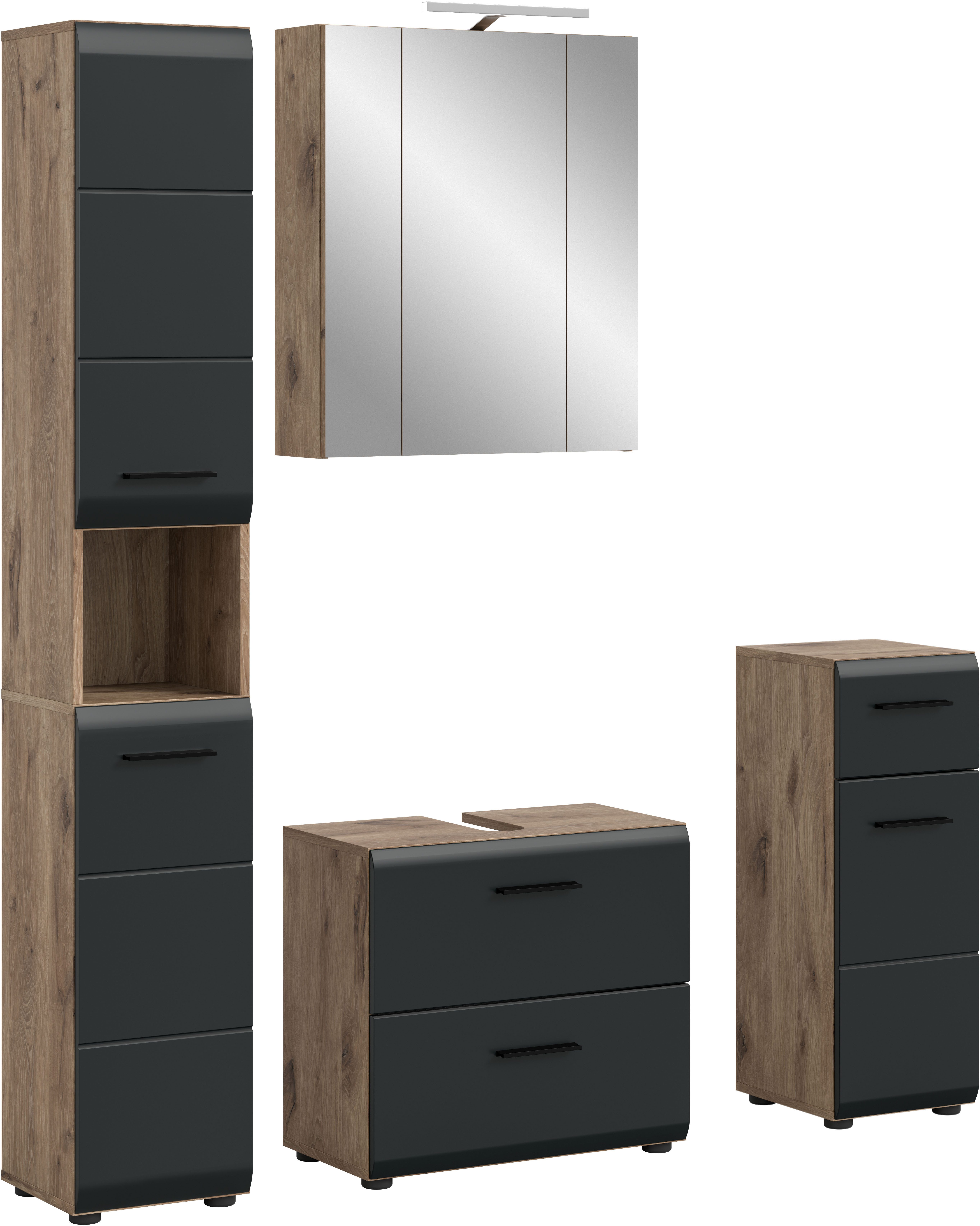 welltime Badezimmer-Set, (Set, 5-St., Hochschrank, Spiegelschrank inkl.Beleuchtung, WBU, Standschrank), Bad-Kombination, Bad-Möbel, Badezimmer, Kombination, Kombi
