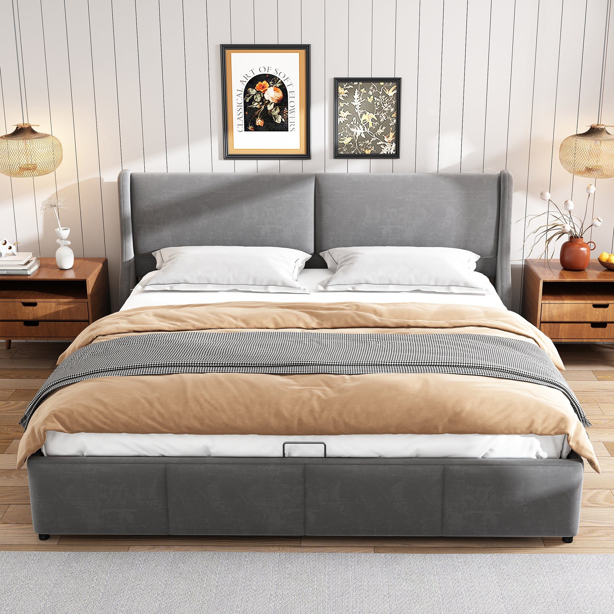 SIKAINI Polsterbett A-DJ-N634-2951189AAA (set, 1-tlg., Kommt mit einer Queen Bed Box), Polsterbett,Ohrform,Kissenkopfteil