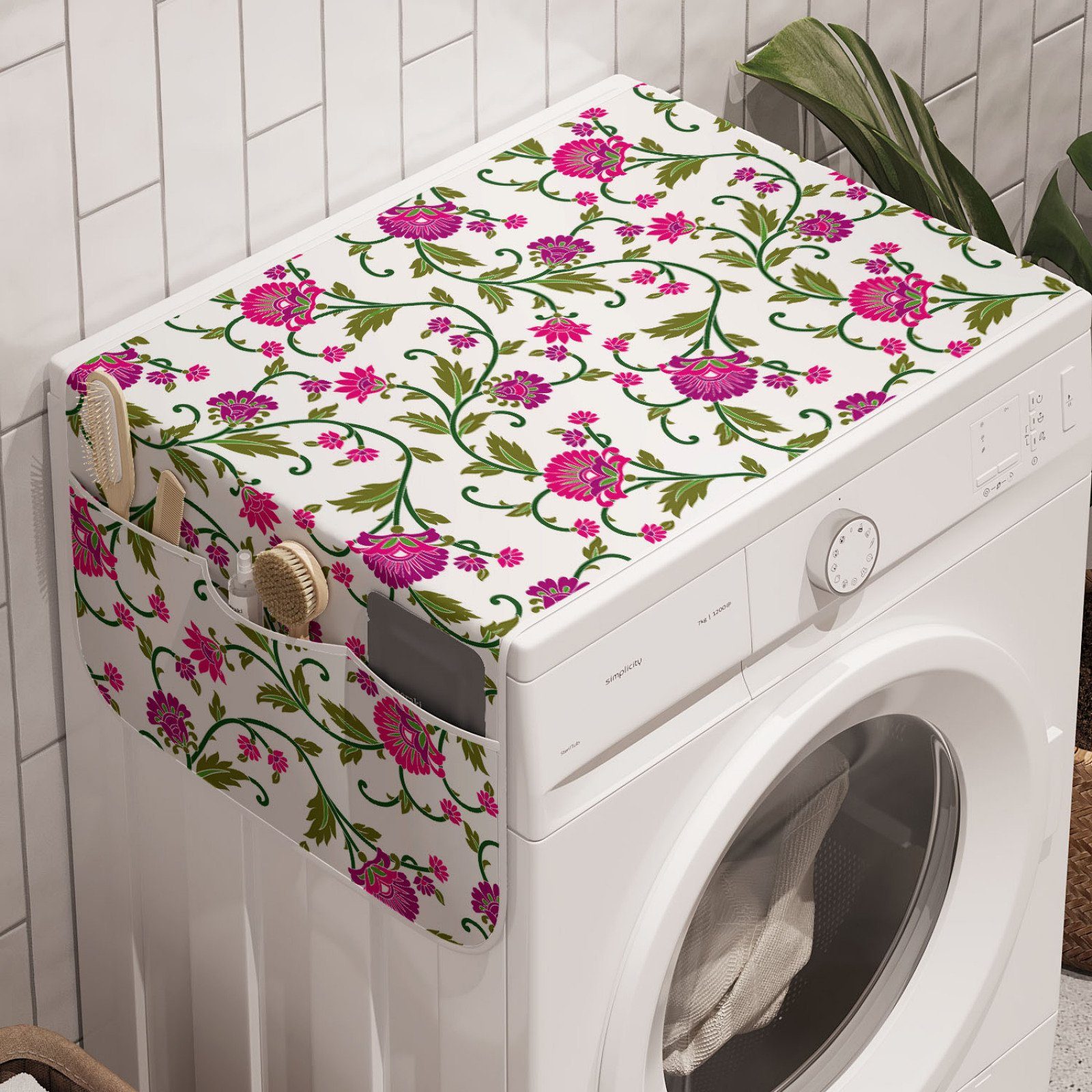 Abakuhaus Badorganizer Anti-Rutsch-Stoffabdeckung für Waschmaschine und Trockner, Blumen Blumen mit gebogenem Branchen
