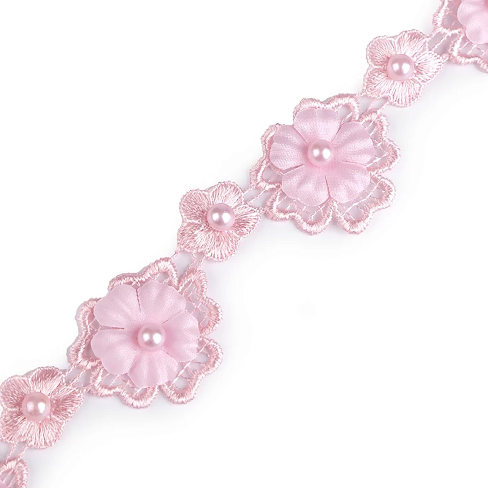 maDDma Stoff 1m Seidenblüten mit Perle Spitzenborte Satinband 30mm breit, rosa