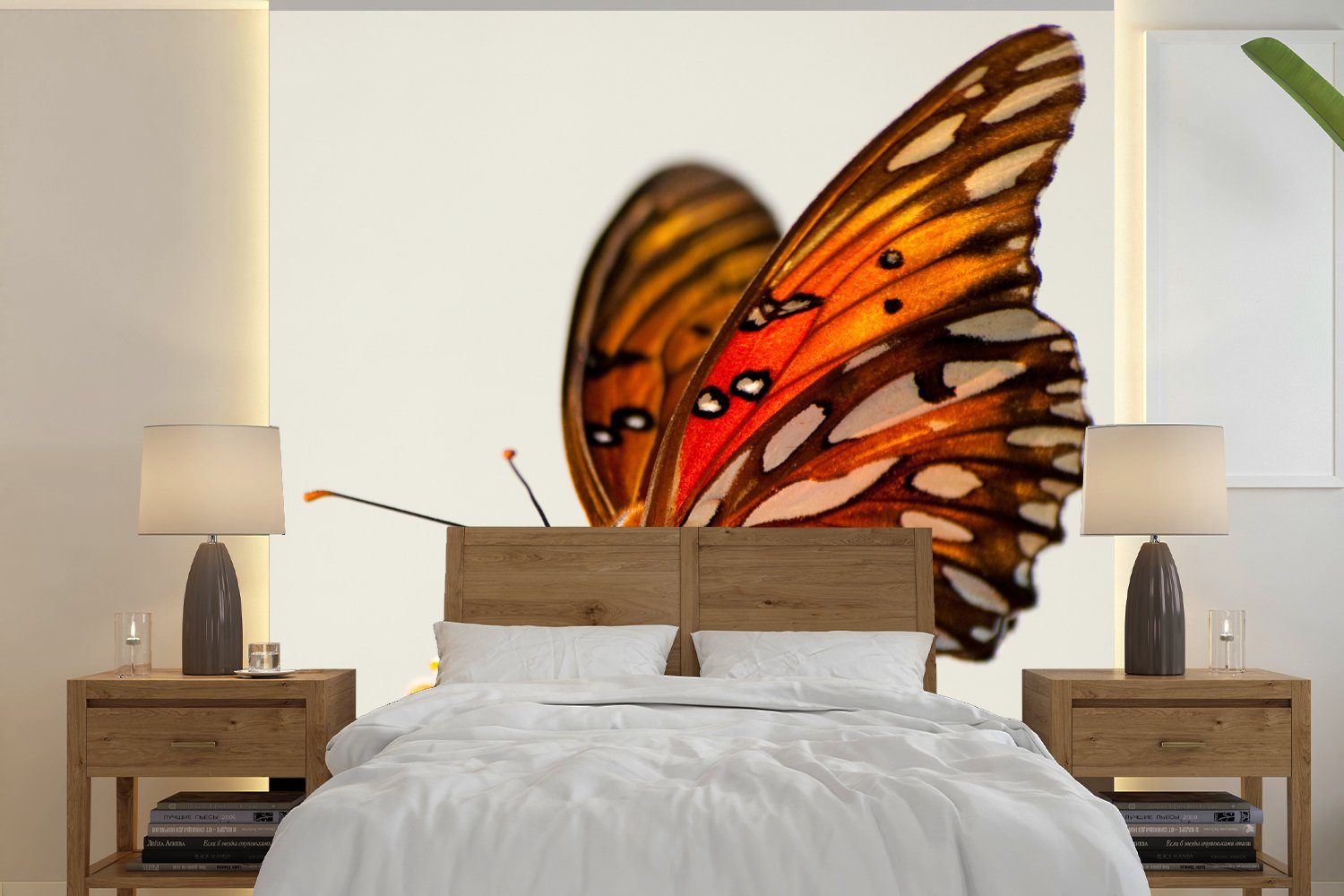 MuchoWow Fototapete Schmetterling - Orange - Blume - Insekten, Matt, bedruckt, (4 St), Vliestapete für Wohnzimmer Schlafzimmer Küche, Fototapete