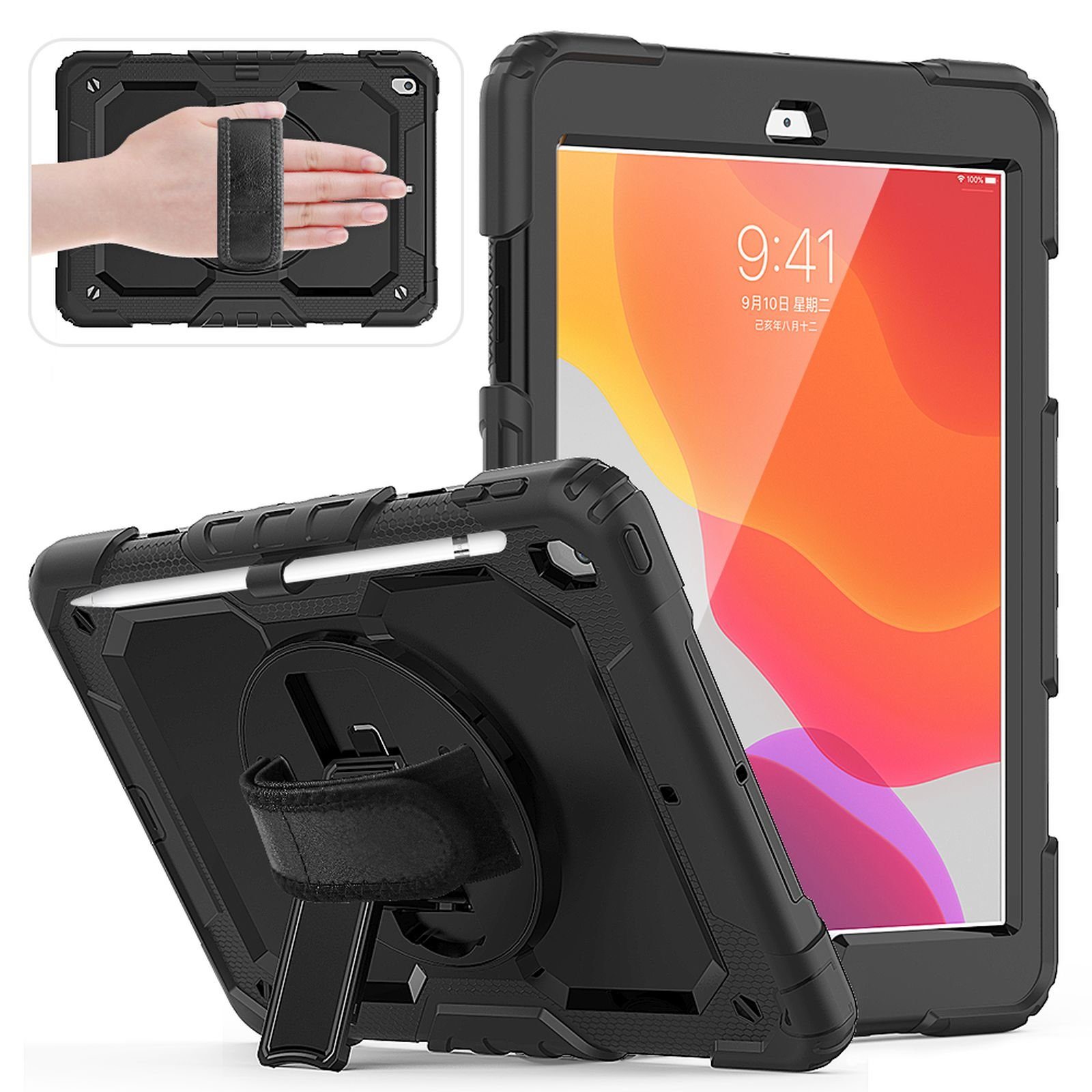 Lobwerk Tablet-Hülle 4in1 Hülle für Apple iPad (7th Generation) 2019 10.2 Zoll +Tragegurt, Sturzdämpfung, Aufstellfunktion, Outdoor