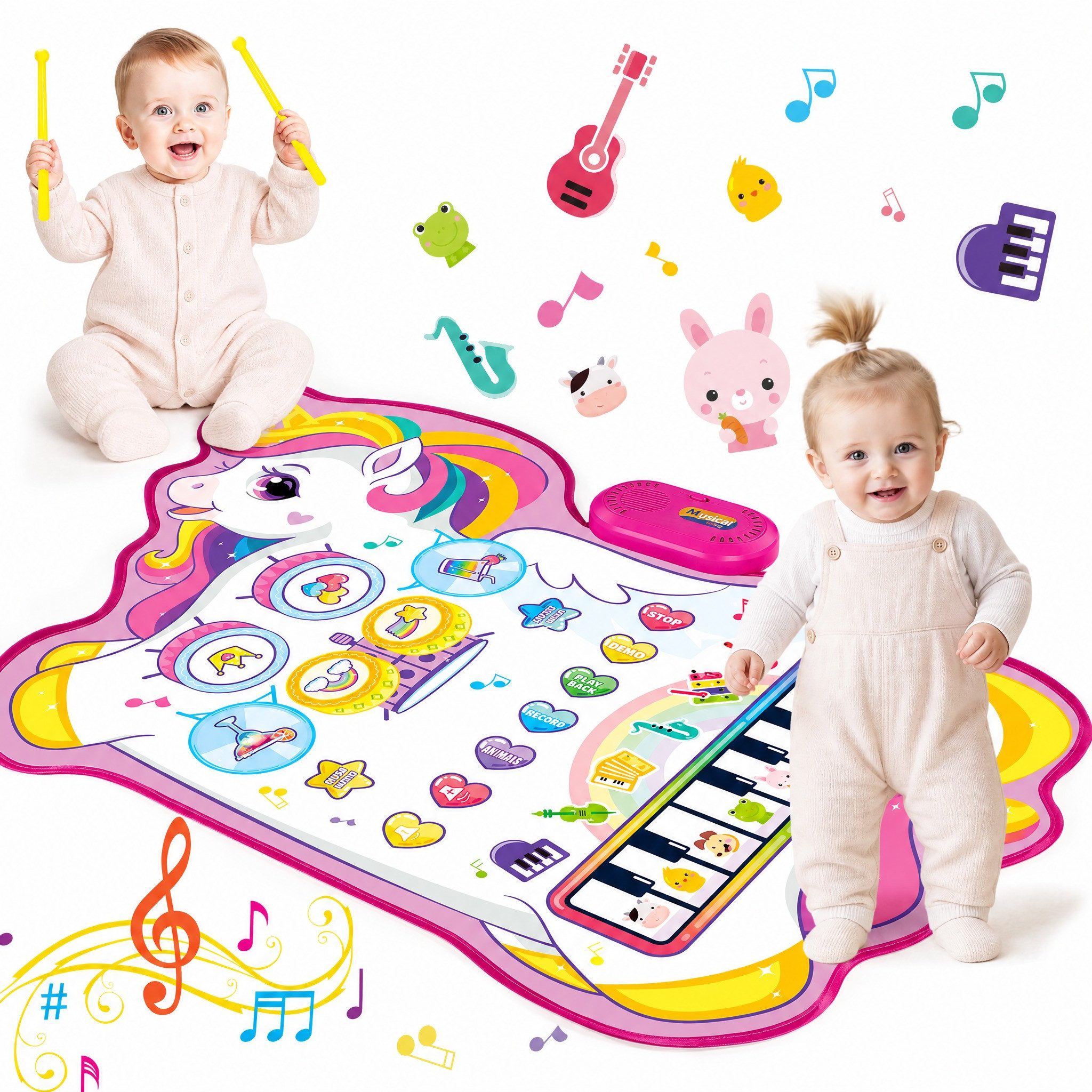 Wootoy Spielmatte Musikspielmatte Lernspielzeug Elektronische Klaviermatte Hüpfmatte (68 × 96 cm faltbar und leicht zu transportieren, 1-St., Schlagzeugseite mit 3 Soundmodi 8 Demo-Rhythmen 5 Drumklängen), mit Klavier Schlagzeug Tiergeräuschen 2 Drumsticks