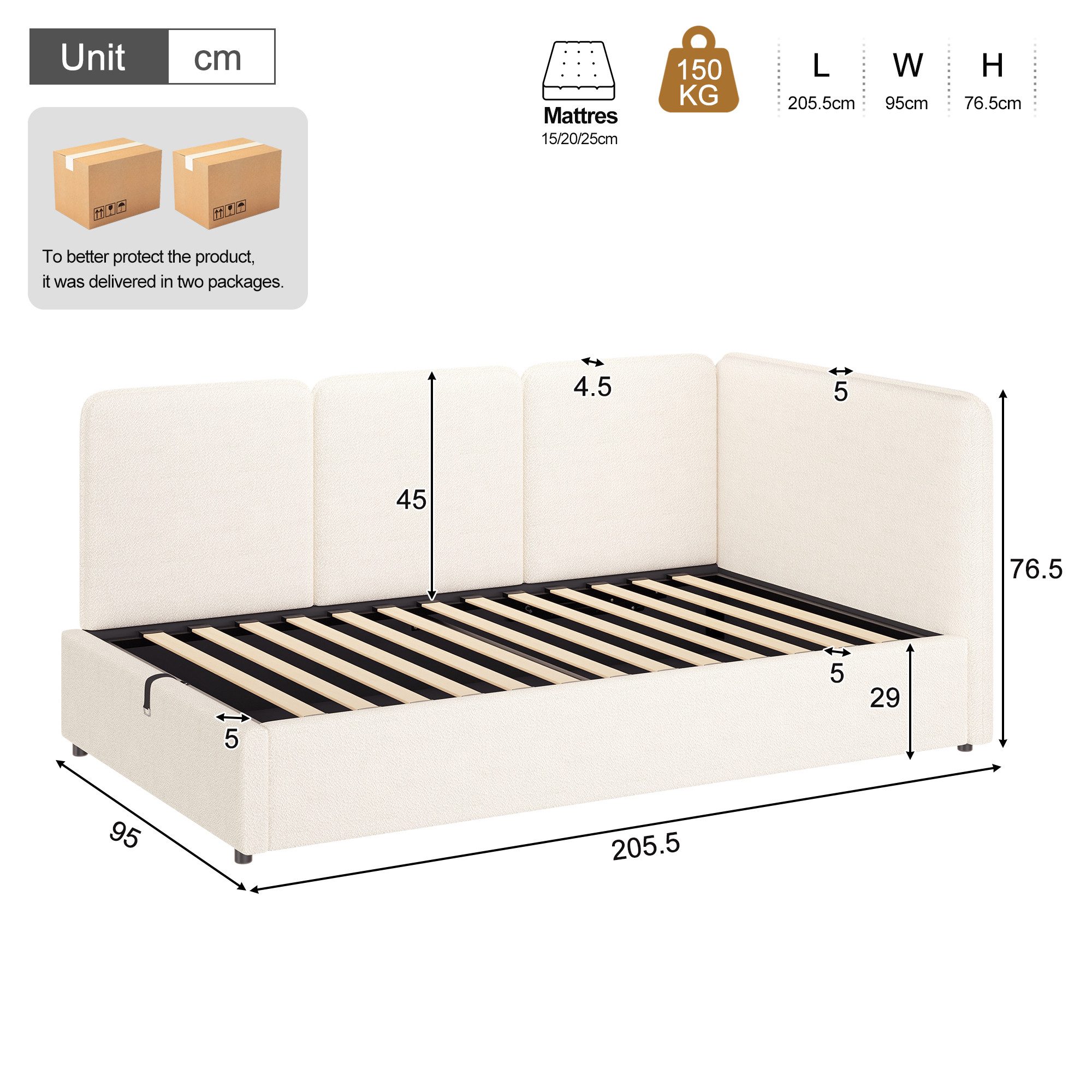 Celya Polsterbett Daybett, Tagesbett 90x200 cm mit hydraulischem Stauraum (ohne Matratze, flexibel montierbare Seitenlehne), Geeignet für Schlafzimmer, Jugendzimmer, Kinderzimmer