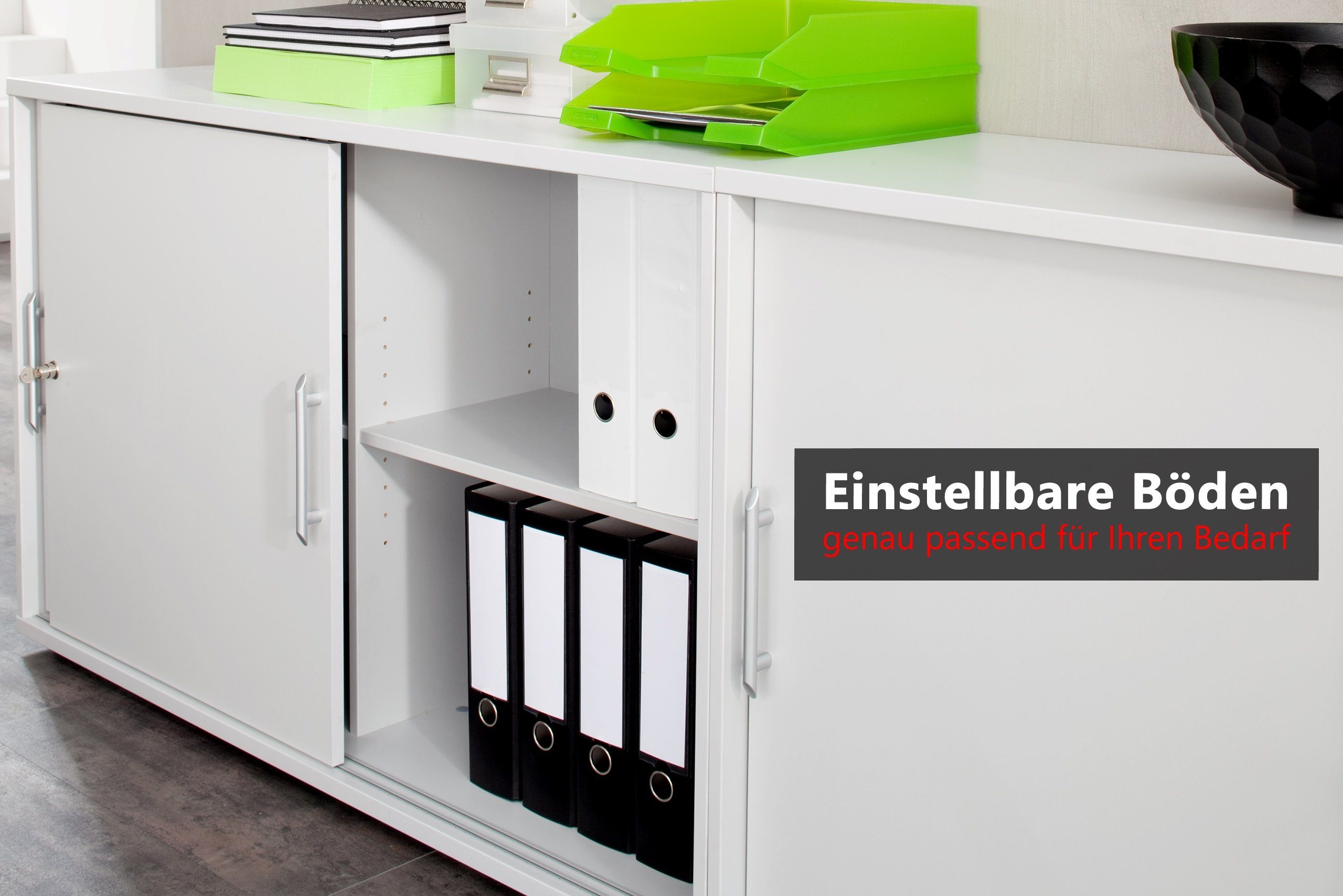 bümö Aktenschrank Schiebetürenschrank - 3 Chromgriff - office (Metall) Griffe: Ordnerhöhen Dekor: Grau