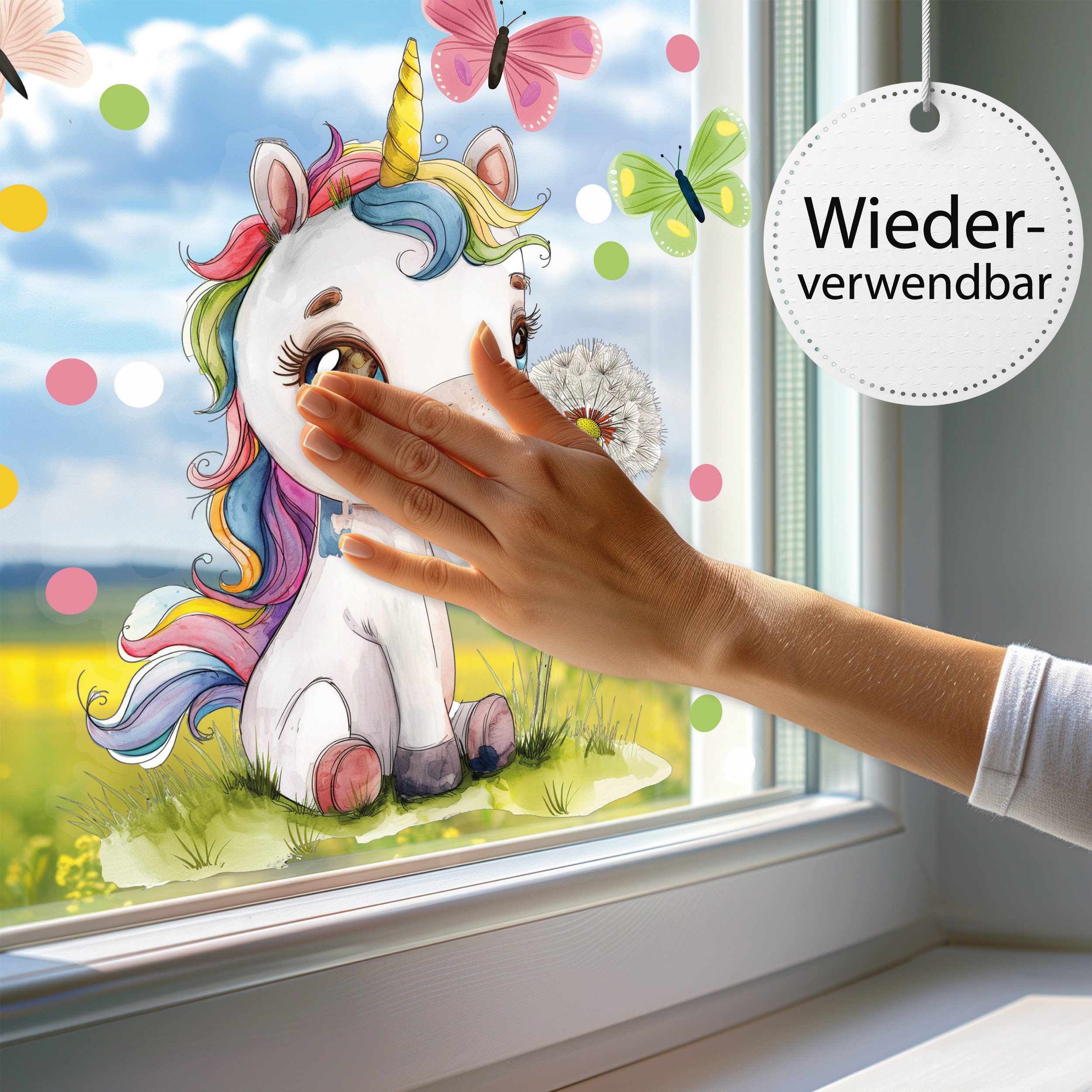 Sunnywall Fensterdekoration wiederverwendbares Fensterbild niedliches Einhorn mit Pusteblume, wiederverwendbar, statisch haftend, beidseitiger Druck