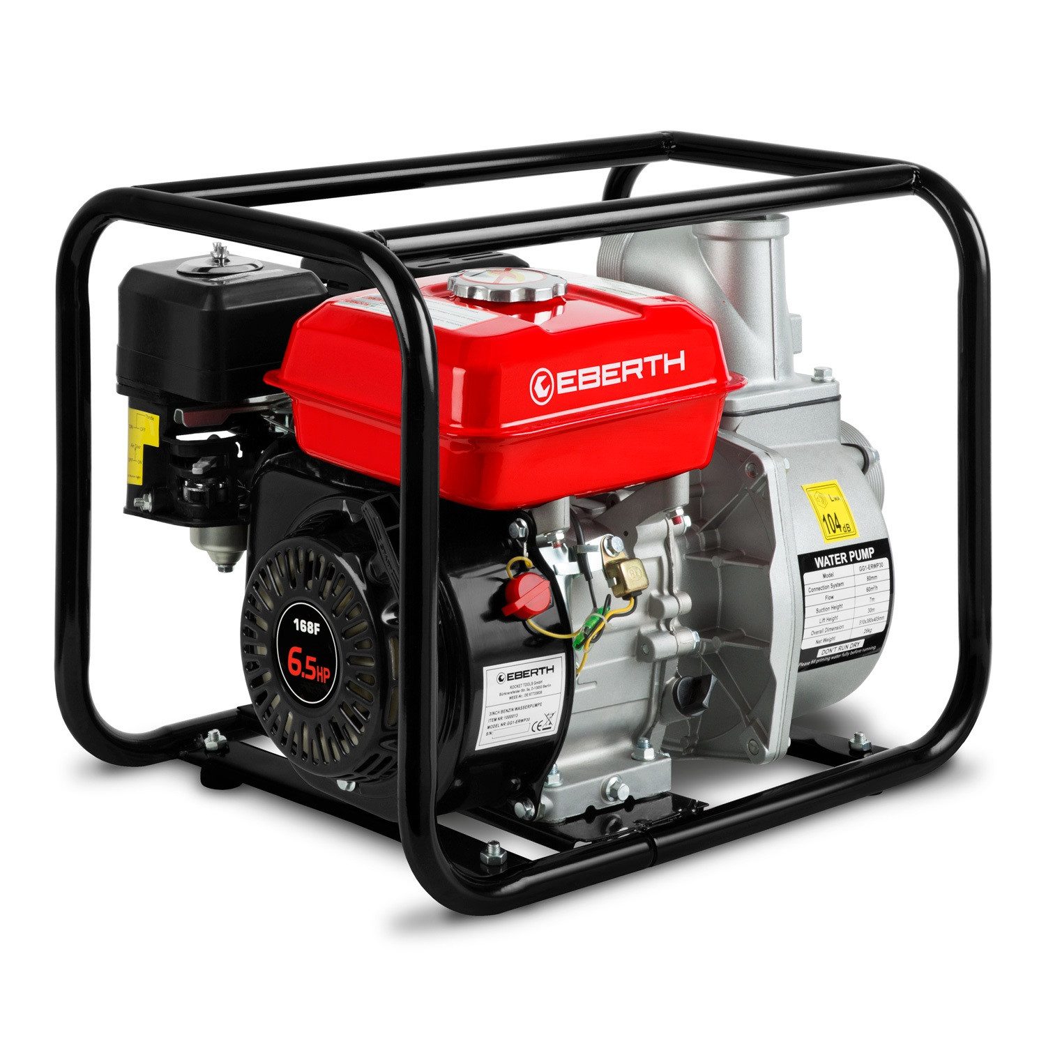 EBERTH Wasserpumpe 6,5PS mit 60.000l/h und 30m Förderhöhe, 3 Zoll Anschluss (mit 4-Takt-Motor und 7m Ansaughöhe), Benzin Pumpe, Seilzugstart, Metallfuß, Tragegriff