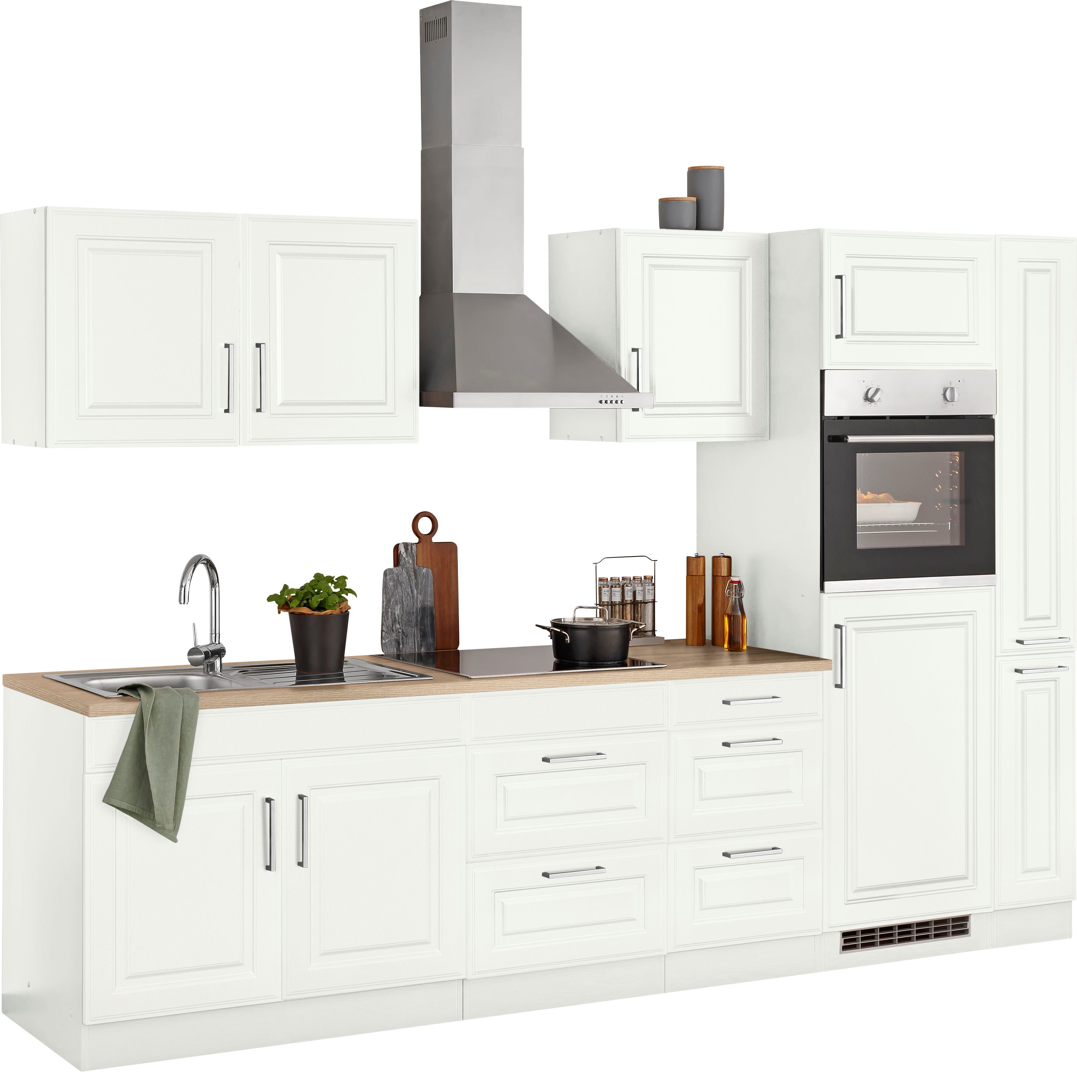 KOCHSTATION Küchenzeile KS-Stockholm – Küche mit hochwertiger und detailreicher Landhausfront, Breite 300 cm, wahlweise mit E-Geräten,mit MDF-Fronten