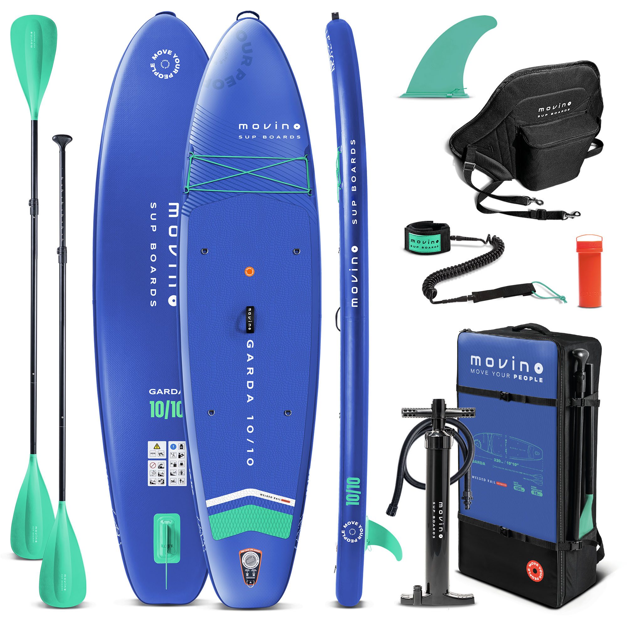 Movino SUP-Board MOVINO GARDA 2in1 Set geschweißte Kanten Traglast 150 kg, All-Round, (Board, Rucksack, Pumpe, Leine, Finne, Paddel, Kajaksitz, Reparaturset)