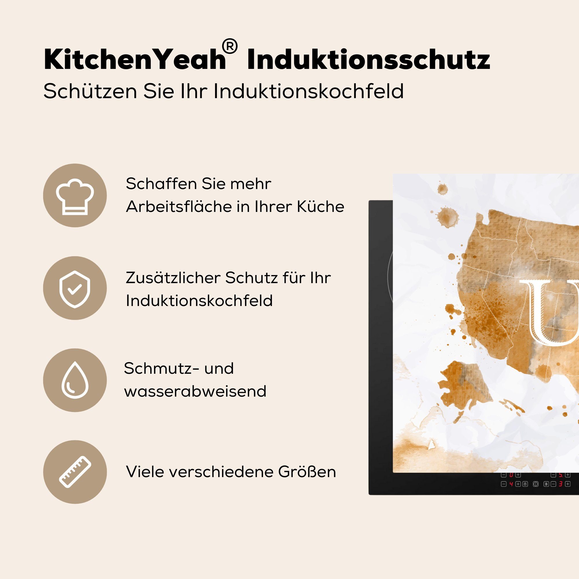 - - Induktionskochfeld MuchoWow cm, Karte 81x52 Vinyl, tlg), Amerika die küche, Schutz (1 für Gold, Ceranfeldabdeckung Herdblende-/Abdeckplatte