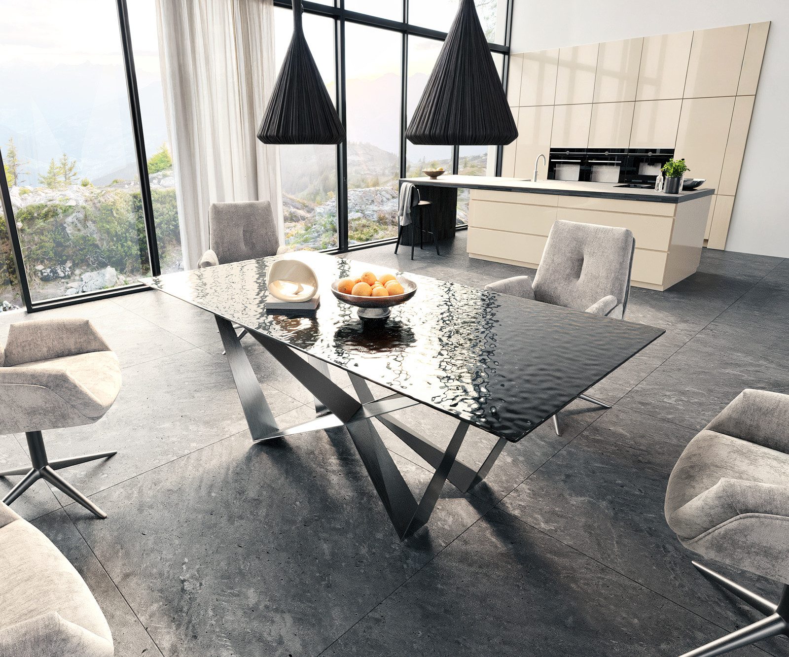 DELIFE Esstisch Edge, Reliefglas Rauchschwarz 3D-Design 200x100 Spider Flachstahl Edelstahl