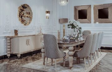 Casa Padrino Esszimmer-Set Luxus Art Deco Esszimmer Set Grau / Weiß / Gold - 1 Art Deco Esstisch mit Kunstmarmor Tischplatte & 8 Art Deco Esszimmerstühle - Art Deco Esszimmer Möbel - Luxus Qualität
