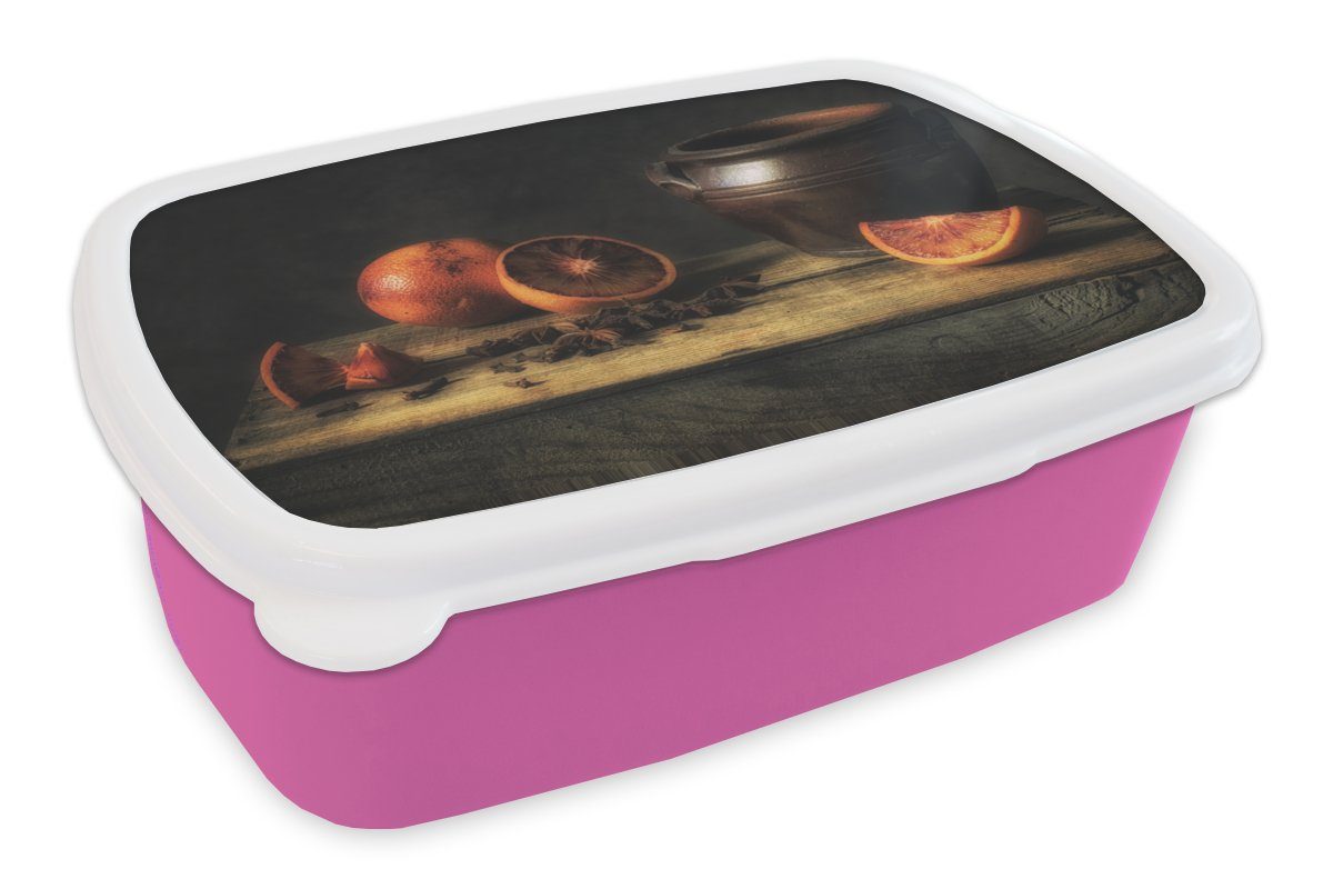 MuchoWow Lunchbox Gemälde - Stilleben - Vase - Tisch - Orange - Kunst, Kunststoff, (2-tlg), Brotbox für Erwachsene, Brotdose Kinder, Snackbox, Mädchen, Kunststoff rosa