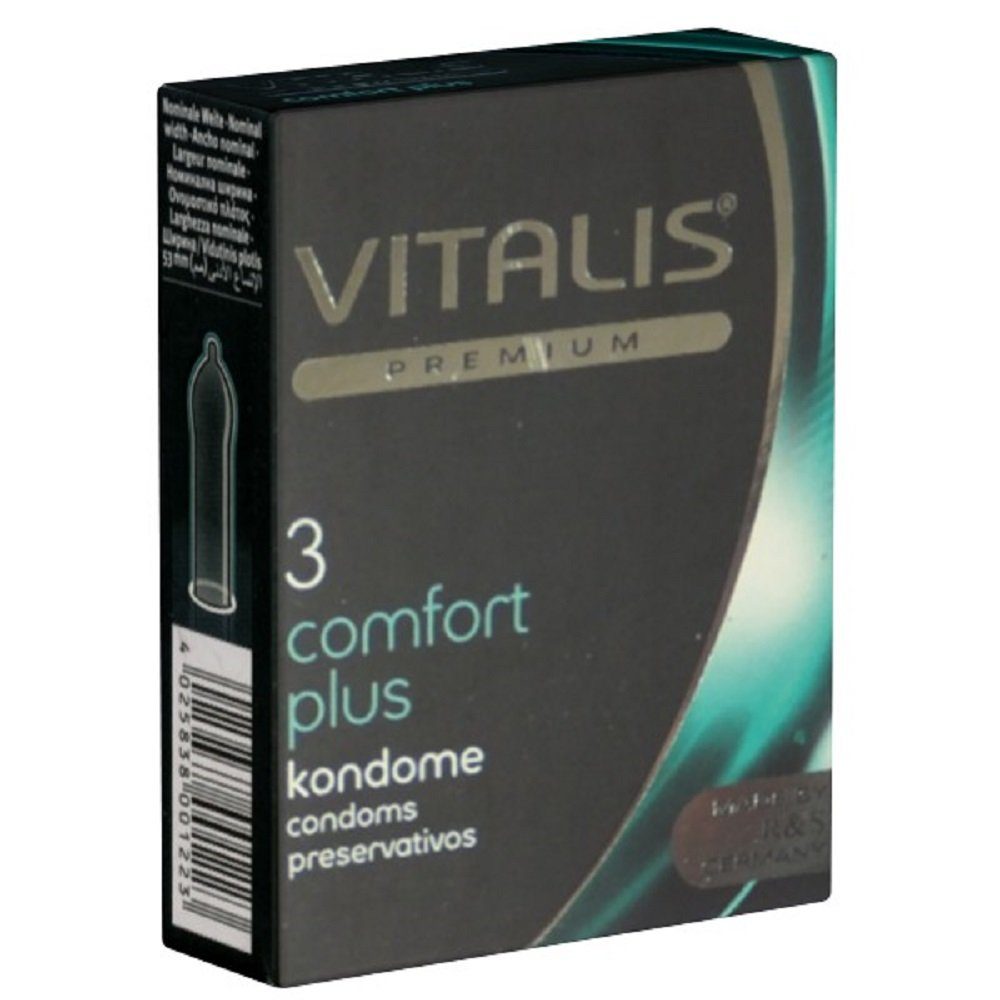 VITALIS Kondome Vitalis PREMIUM «Comfort Plus» Kondome mit mehr Freiraum Packung mit, 3 St., mehr Platz für die empfindliche Eichel, zuverlässig und sicher