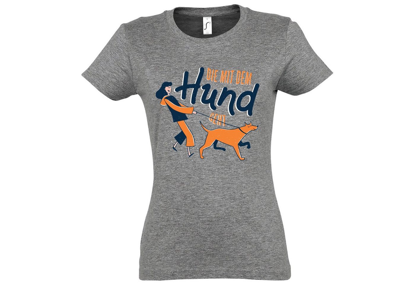 Youth Designz T-Shirt Die Mit Dem Hund Geht Damen Shirt mit lustigem Hunde Frontprint