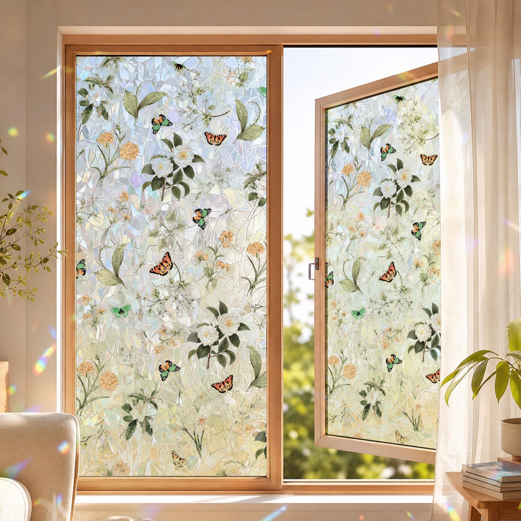 HomeBella Fensterfolie Buntglasoptik mit Blumen & Schmetterlingen, Dekorative Glasdekorfolie mit Blättermuster für Fenster & Glastüren