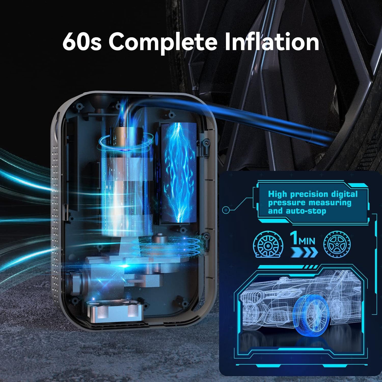 LA CUTE Akku-Handkompressor Elektrische Luftpumpe 150 PSI Digital 5000mAh mit LED-Licht, 60 W, max. 10,30 bar, Kompakte elektrische Akku-Luftpumpe für Auto, Fahrrad und mehr, Tragbare Luftpumpe mit Zubehör und LED-Licht, vielseitig einsetzbar, Automatische Abschaltung bei voreingestelltem Druckwert