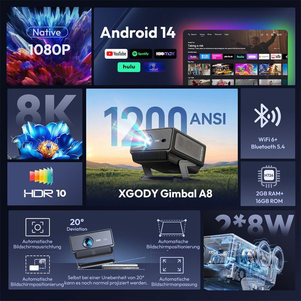 XGODY 2026 Neuer Smart Beamer 4k heimkino mit leinwand, Integrierte APP UHD-Beamer (28000 lm, 20000:1, 3840 x 2160 px, Android 14, Full HD 1080P, unterstützt 8K-Decodierung Projektor)