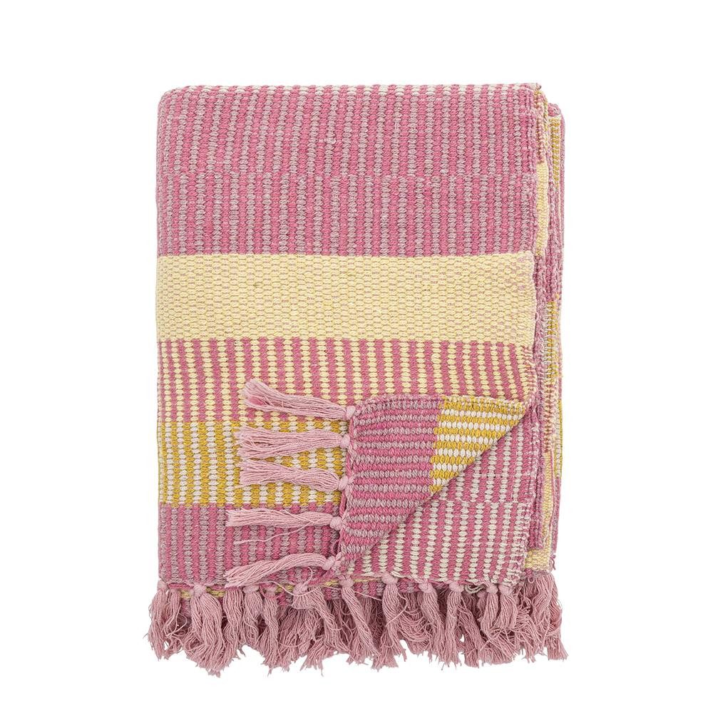 Wohndecke Isnel, Bloomingville, Pink Baumwolle 160x130cm recycelt Streifenmuster Fransen