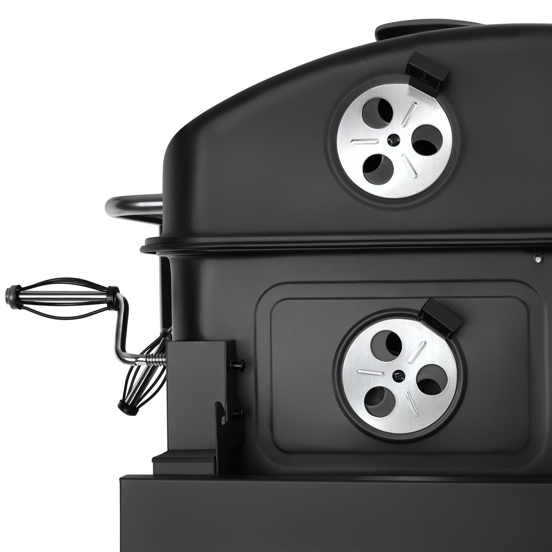 tectake Holzkohlegrill Grillwagen mit 2 Rädern, regulierbare Luftzufuhr, 110 x 64 x 104 cm, Standgrill Florian, in schwarz, mit Thermometer, Warmhalterost und klappbare Seitenablage mit 3 Haken