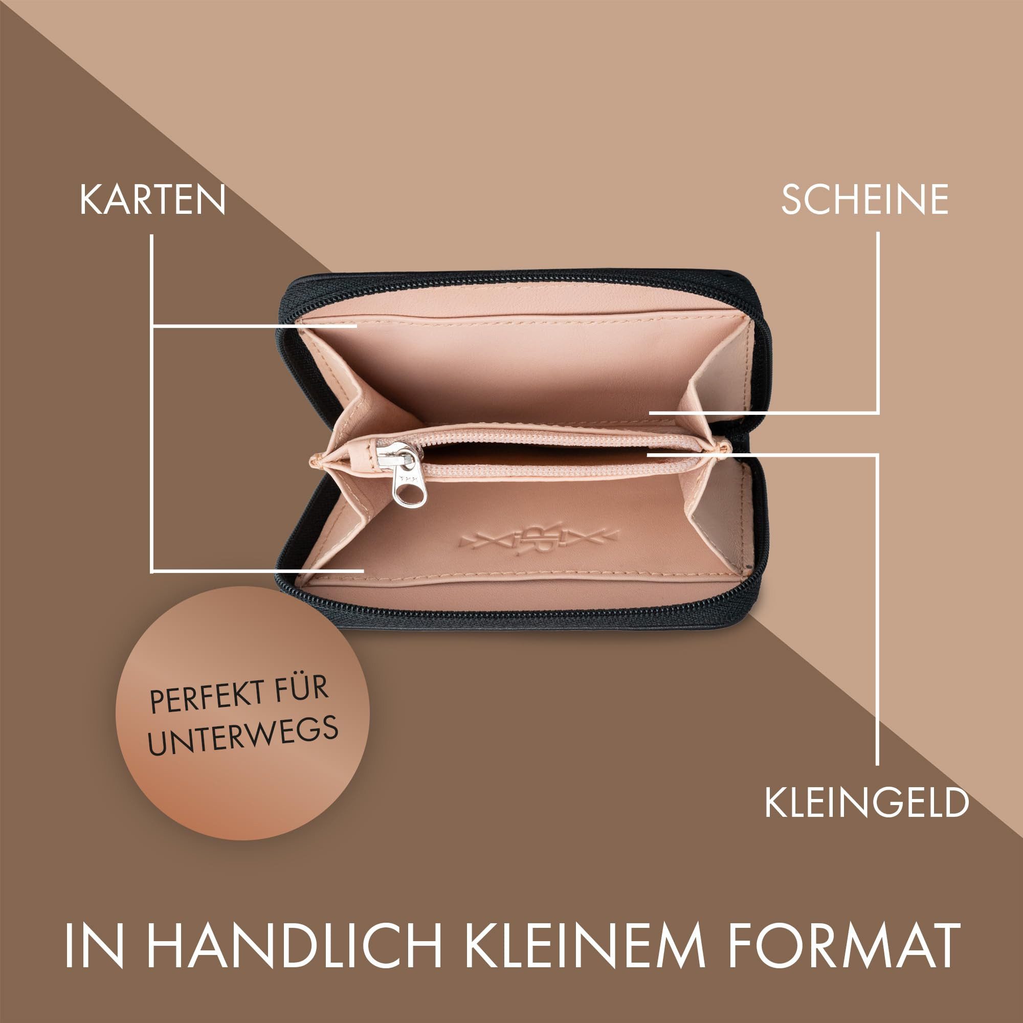 XiRRiX Mini Geldbörse Geldbörse Damen klein - Kleiner Geldbeutel Damen mit Reißverschluss (1-tlg), klein und handlich aus anschmiegsamem Echt Leder