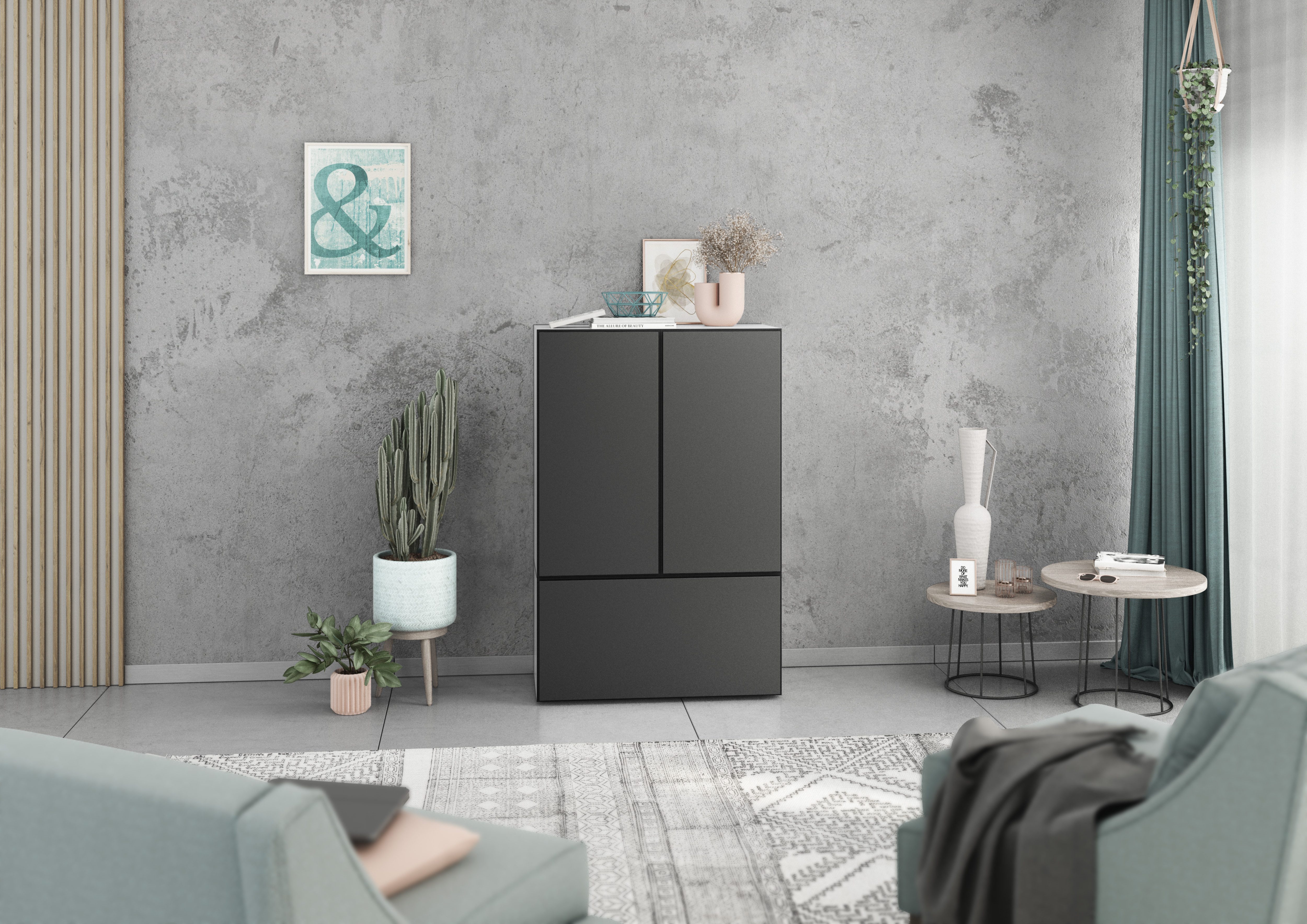 BMG Möbel Stauraumvitrine Modul+ (3 teilig bestehend aus, 2x Schrank mit Tür, 1x Schrank mit Klappenfunktion) Schränke können individuell angeordnet werden, Soft-Close