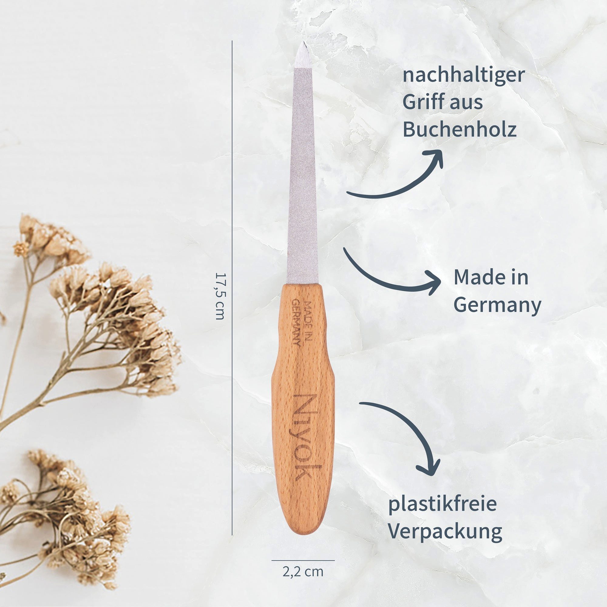 Niyok Saphir-Nagelfeile mit Holzgriff, doppelseitige Saphirnagelfeile grobe & feine Seite, nachhaltig, plastik frei